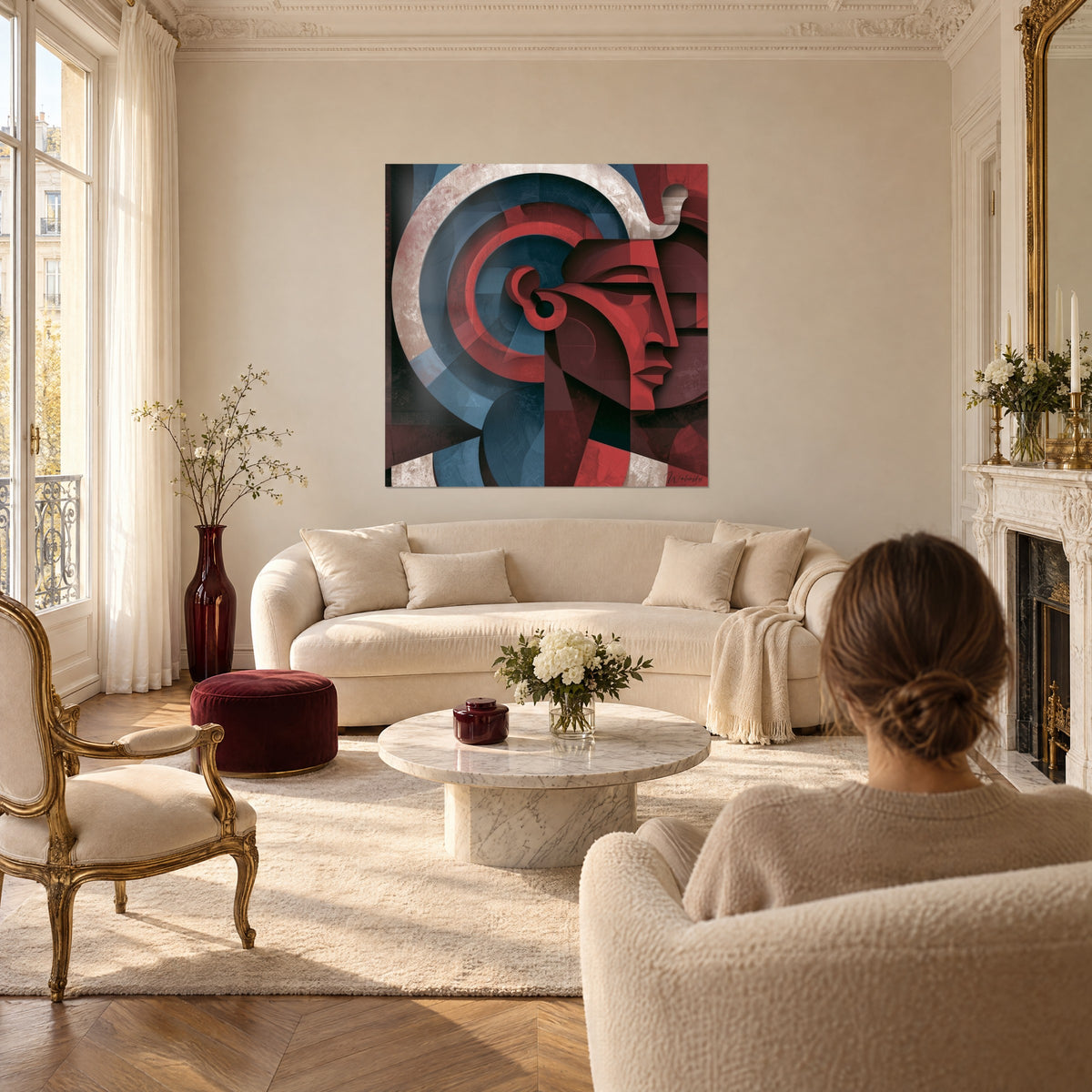 Tableau pharaon géométrique rouge et bleu, profil aux arcs concentriques, vu par une personne de dos, au-dessus d'un canapé dans un salon lumineux