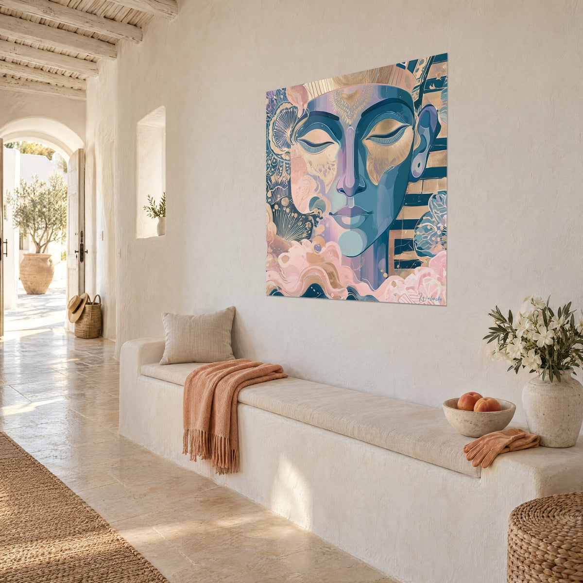 Wall art Egyptian portrait with blue features, powdered pink and gilding, three-quarter view on an off-white wall