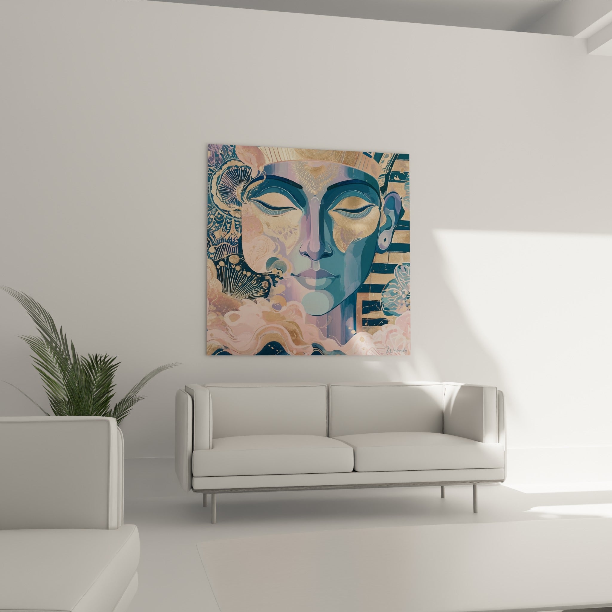 Profil pharaonique égypte en bleu profond et or, disposé au-dessus d'un canapé dans un salon lumineux