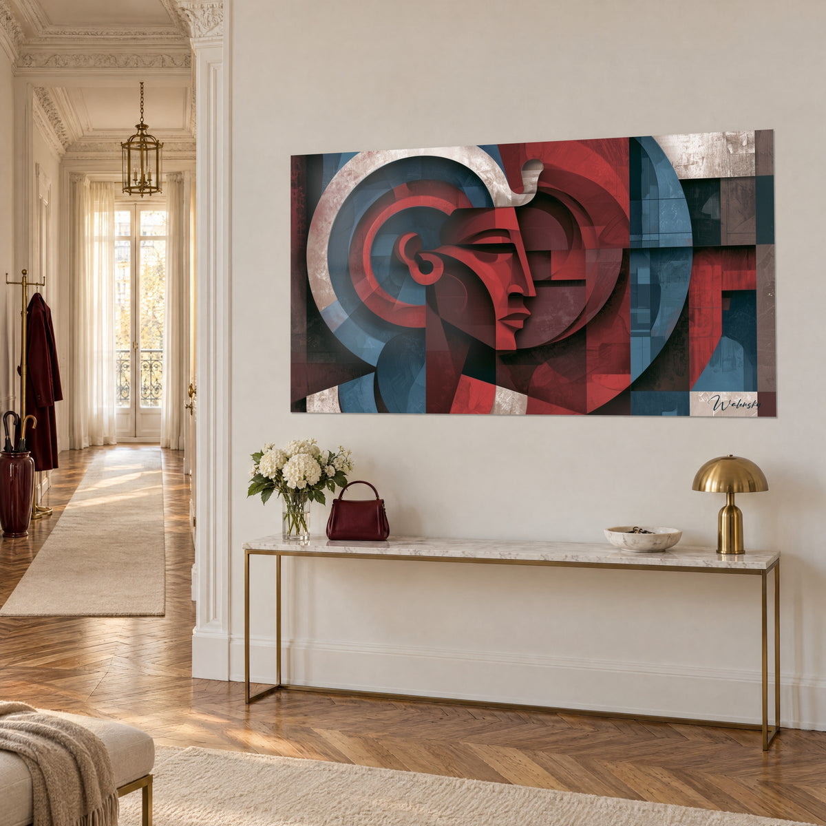 Wall art Egyptian royal face with geometric planes in burgundy and petrol blue, large cream circle, on a Haussmann-style wall
