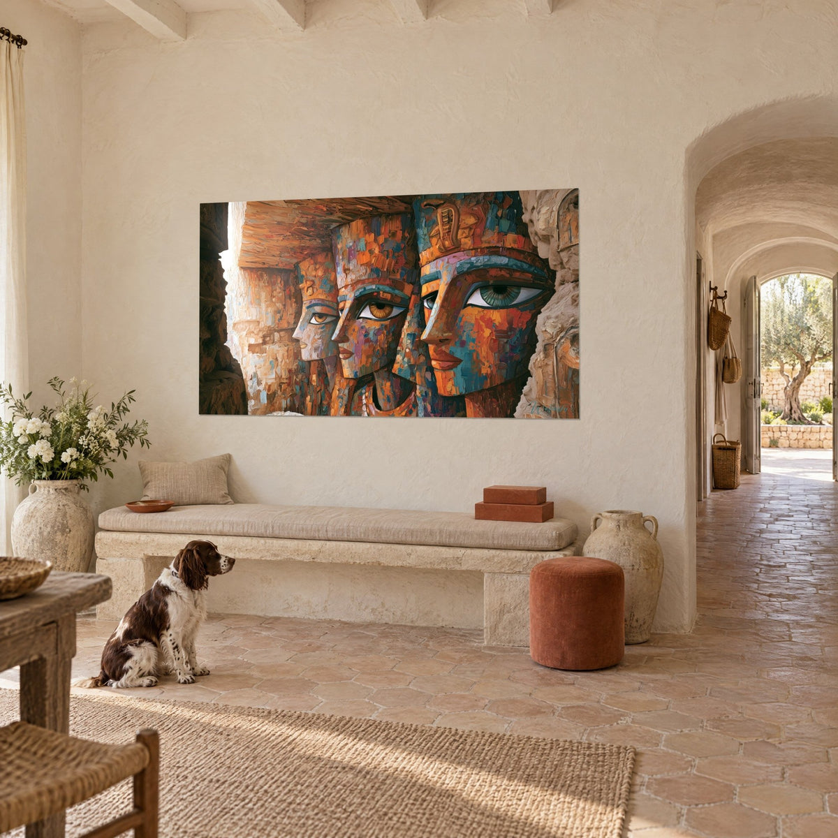 Wall art Egyptian guardians with striped headdresses, thick strokes of copper and teal blue, in front of a bench in a Provençal farmhouse