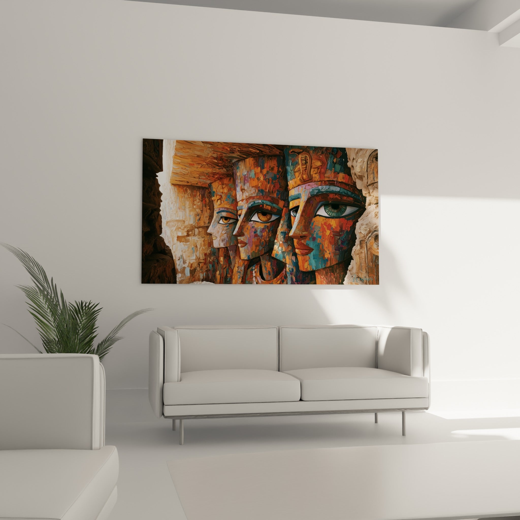 Souverains égyptiens dorés et turquoise accrochés au-dessus d'un canapé dans un salon lumineux