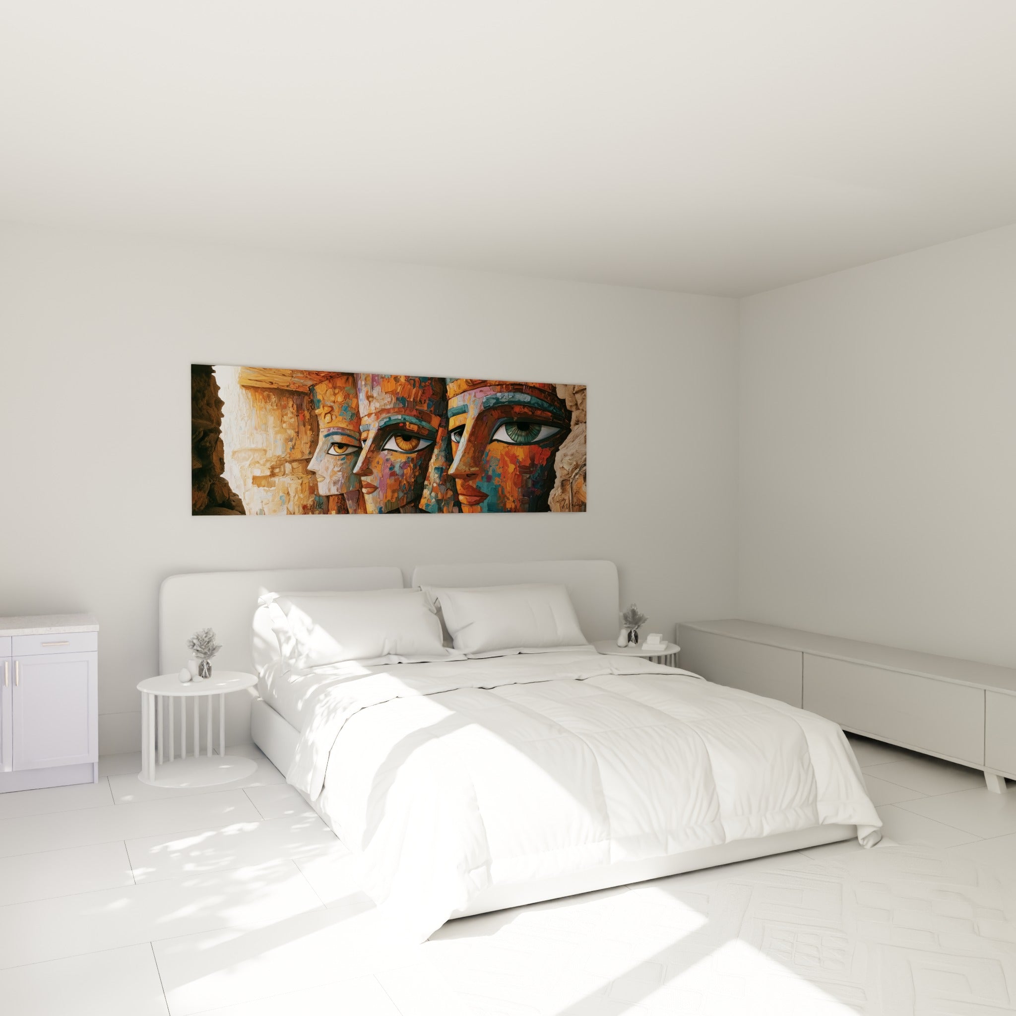 Profils pharaoniques ocre et bleu turquoise au-dessus d'un lit dans une chambre claire