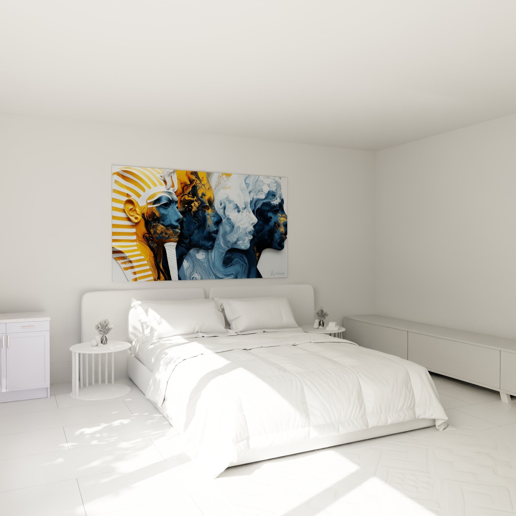 Profils dorés et bleu anthracite du pharaon égyptien accrochés au-dessus d'un lit dans une chambre claire