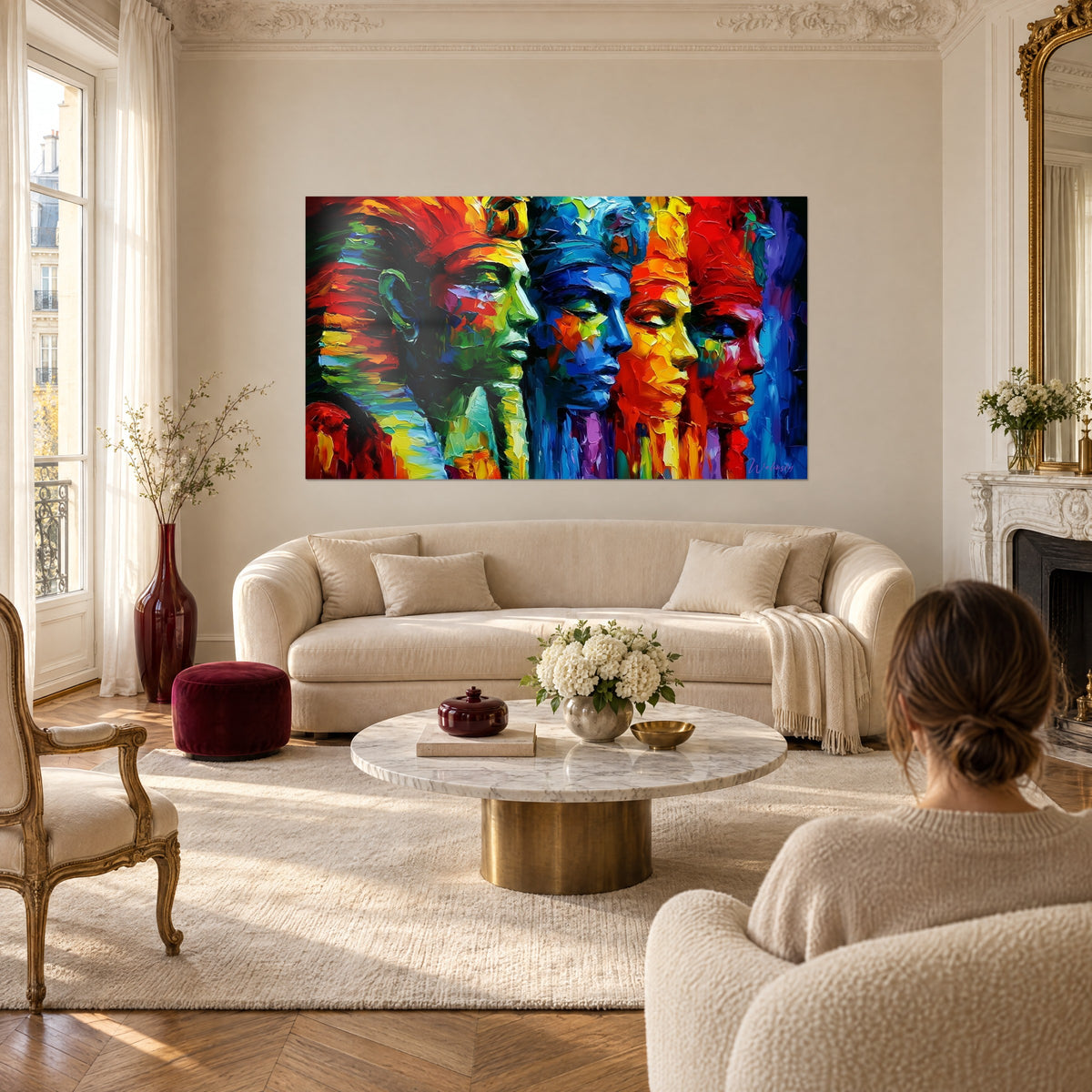 Wall art pharaohs in profile with green and blue palette-knife strokes, orange-red headdresses, above a sofa in a bright living room