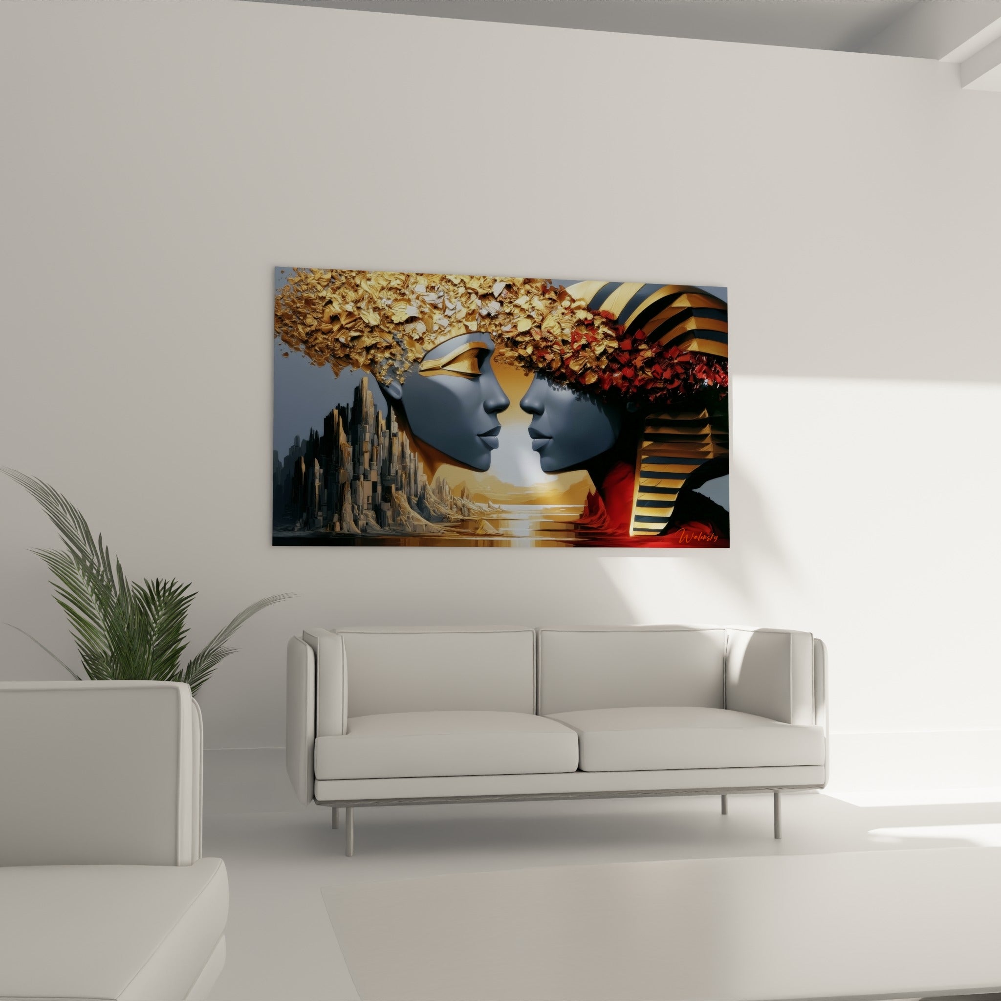 Profils pharaoniques or et bleu ardoise suspendus au-dessus d'un canapé dans un salon lumineux