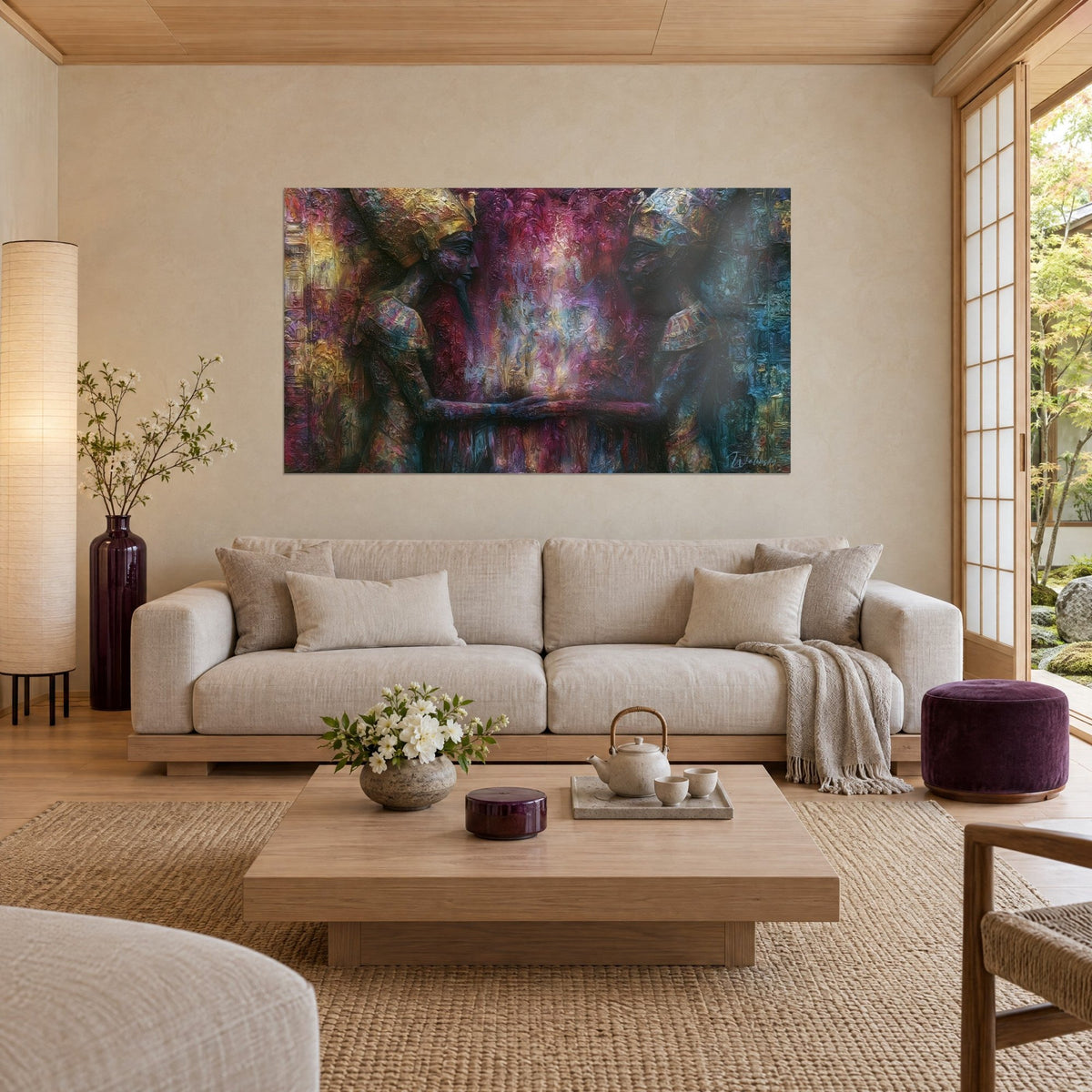 Wall art of two pharaohs facing each other, gold headdresses and textured purple background, above a sofa in a bright living room