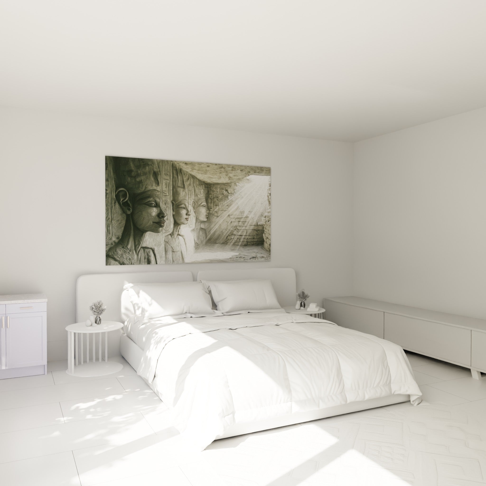 Profils pharaoniques gris et dorés au-dessus d'un lit dans une chambre claire