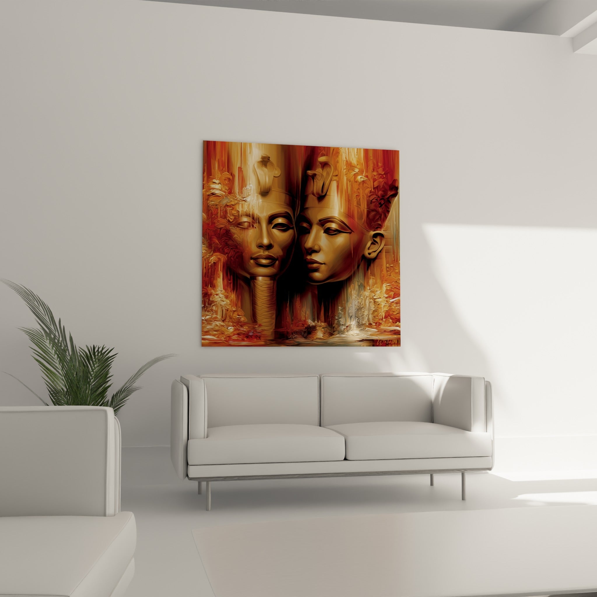Visages en or et bordeaux composent ce tableau égyptien accroché au-dessus d'un canapé dans un salon lumineux