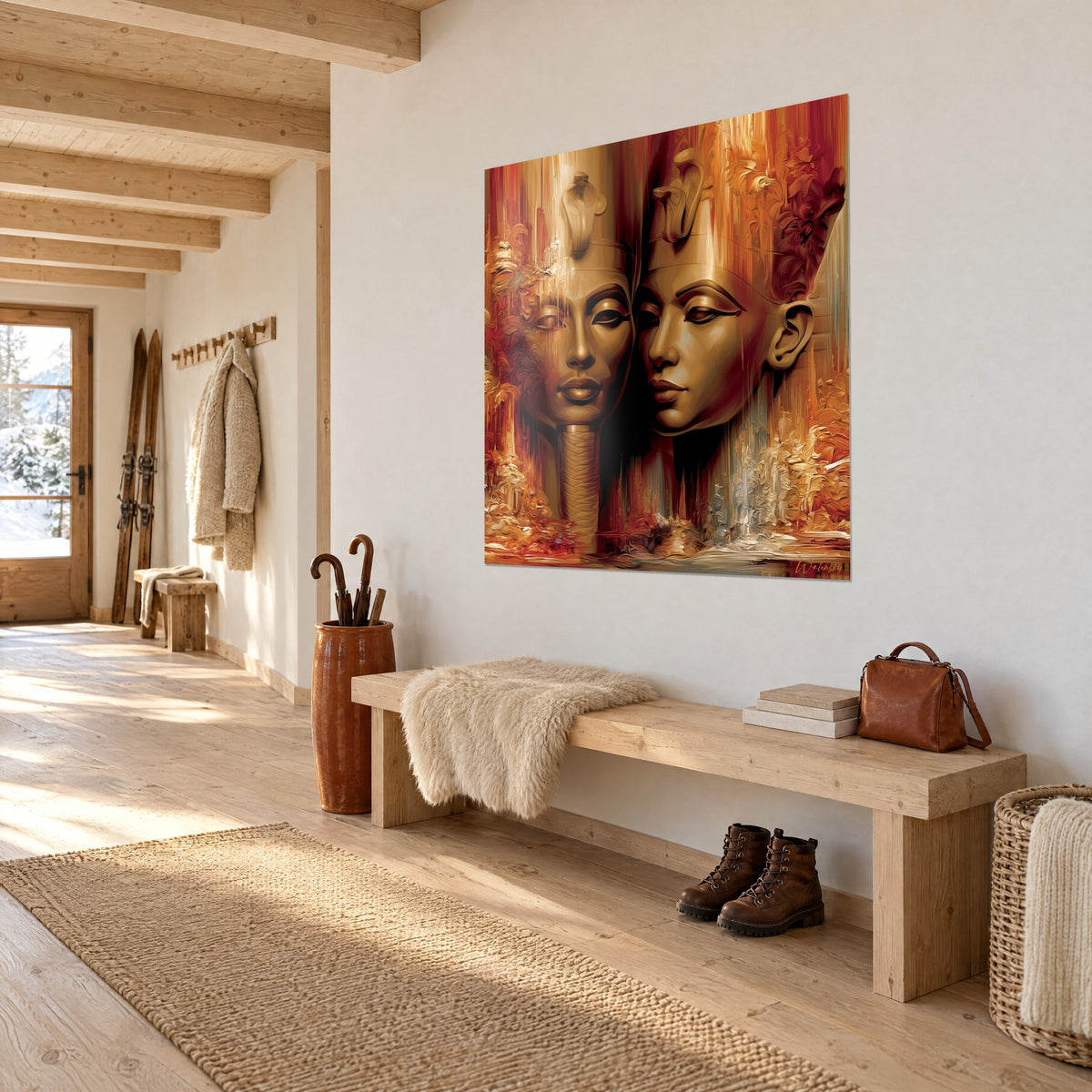 Quadro di una coppia di faraoni scolpiti, profili ambra e bordeaux, pennellate spesse, su una parete bianca d'ingresso in stile chalet