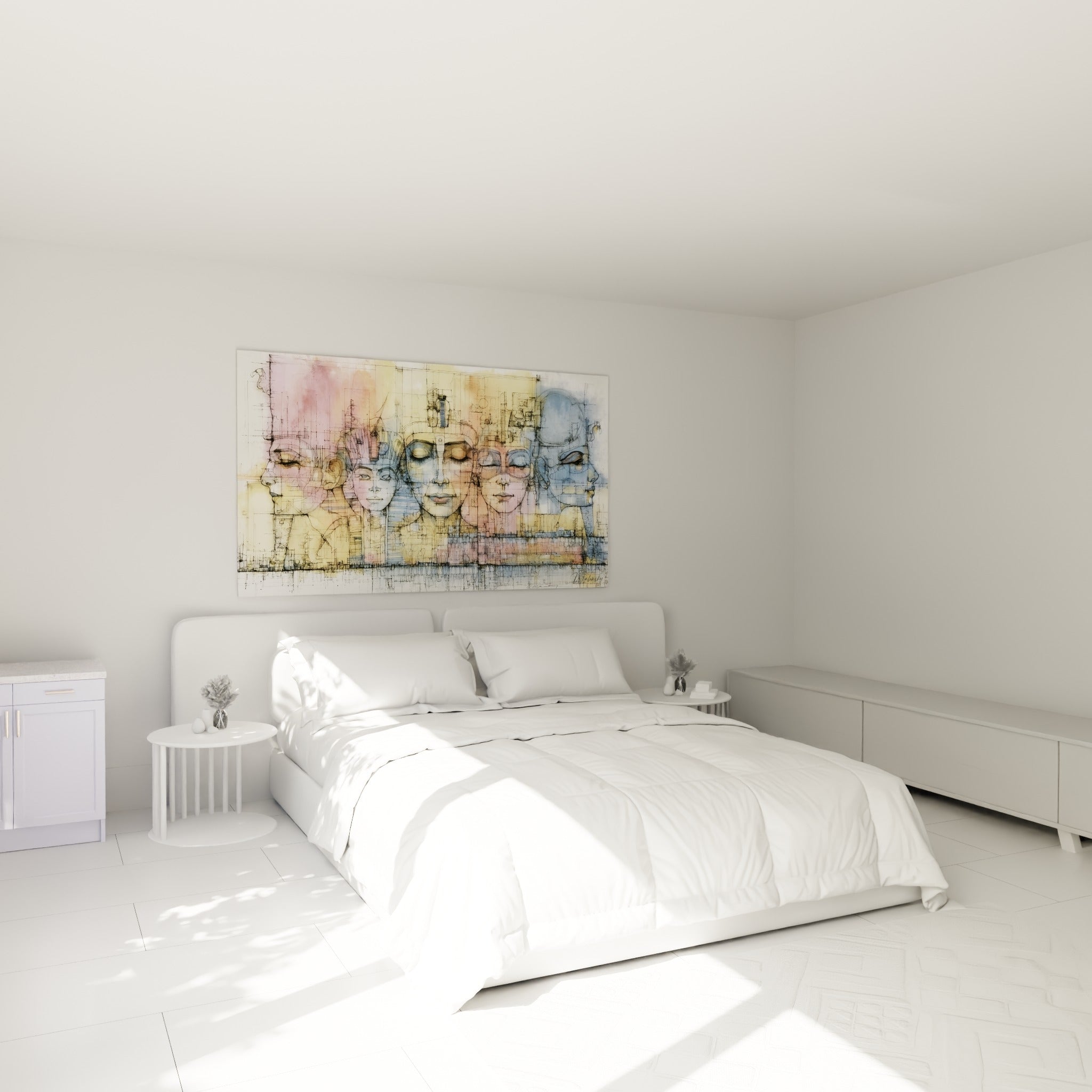 Profils égyptiens roses et bleu pastel accrochés au-dessus d'un lit dans une chambre claire