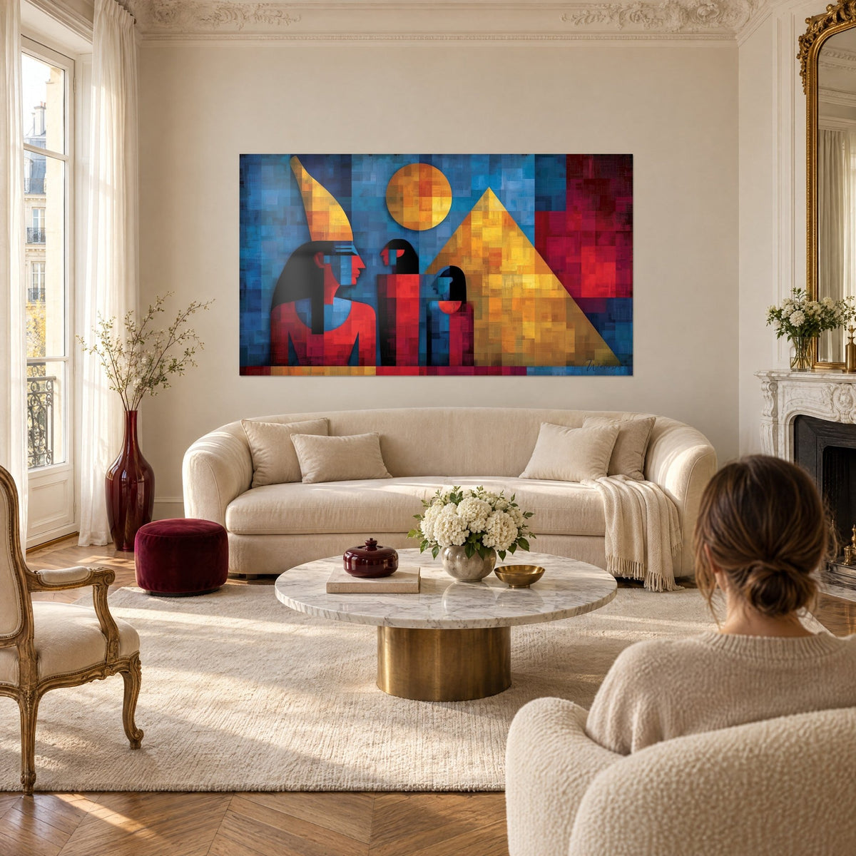 Wall art with three blue and red Egyptian profiles facing a golden pyramid, round sun, above a sofa in a bright living room