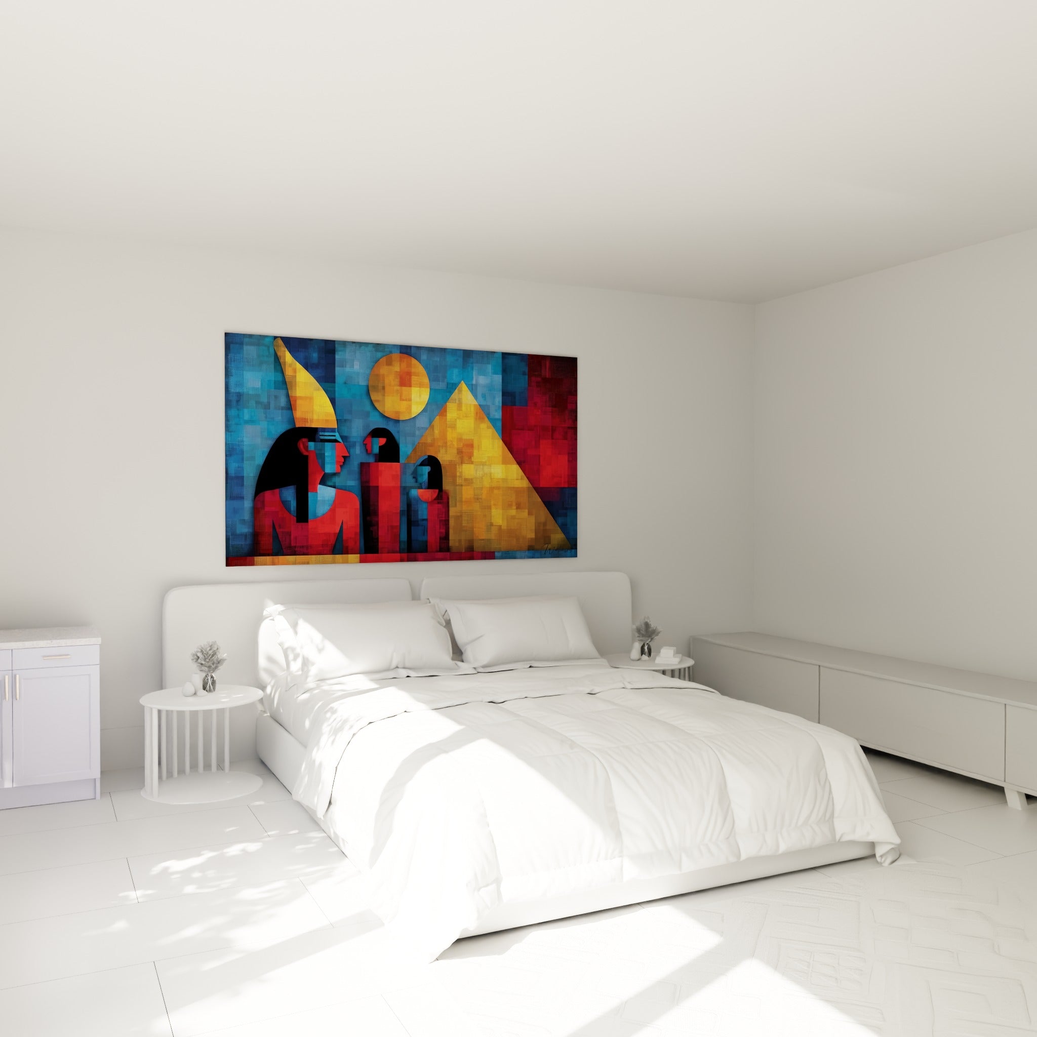 Silhouettes pharaoniques rouge et doré au-dessus d'un lit dans une chambre claire et épurée