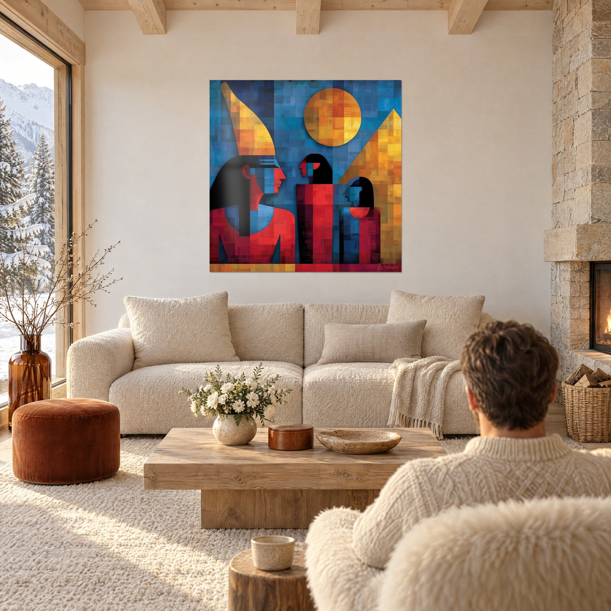 Tableau pharaon de profil à la haute coiffe dorée, visage rouge et bleu, soleil orange, au-dessus d'un canapé dans un salon lumineux