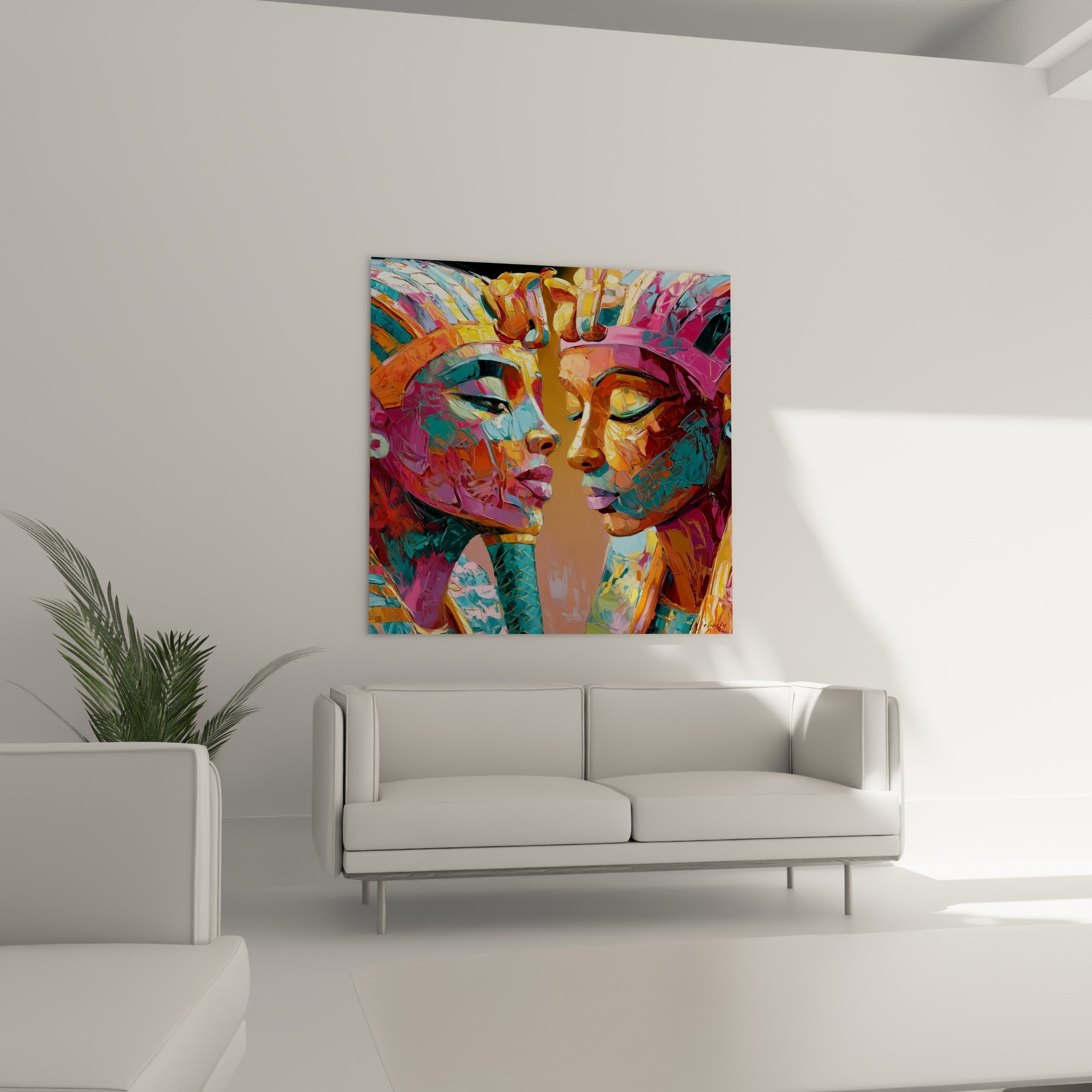 Visages royaux turquoise et dorés se frôlent sur une toile au-dessus d'un canapé dans un salon lumineux