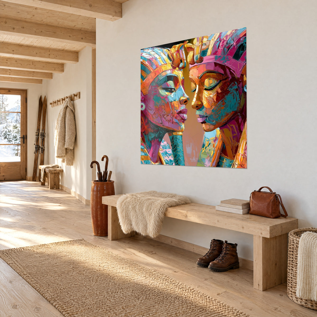 Schilderij Egyptische profielen tegenover elkaar, dikke oranje en roze verf, opgehangen aan een witte muur naast een houten bank