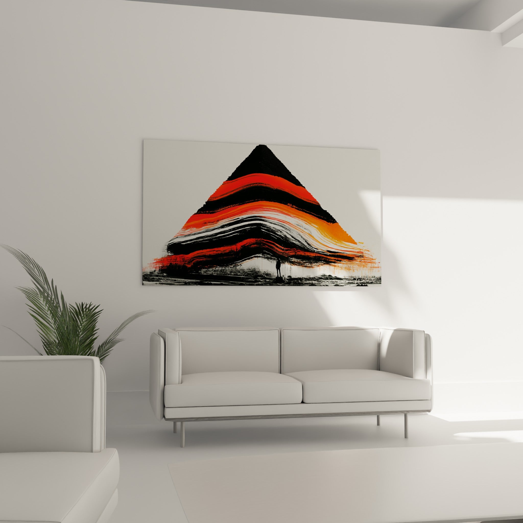Vagues orange fauve et noires formant une pyramide égyptienne, œuvre accrochée au-dessus d'un canapé dans un salon lumineux