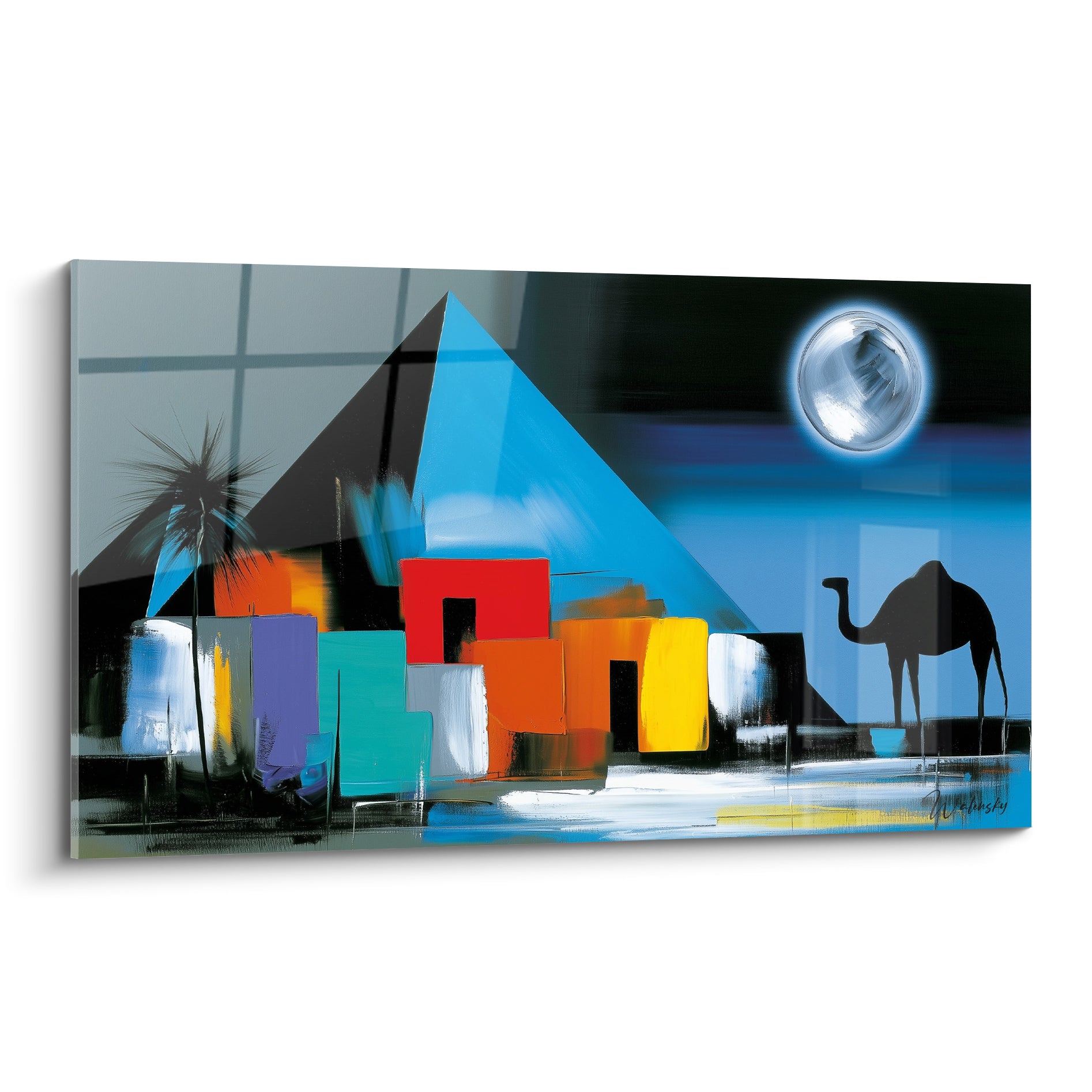 Pyramide bleue, village coloré et chameau noir sous une lune argentée, style pop égyptien