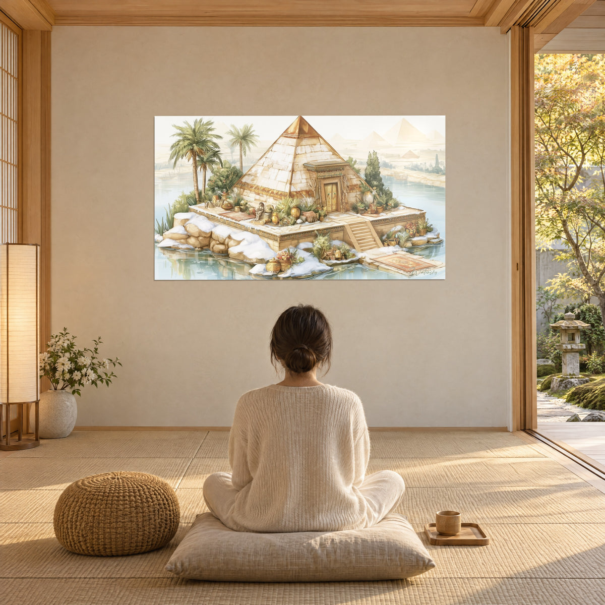 Tableau île-pyramide aux nuances sable et turquoise, jarres, plantes et pyramides lointaines, une femme de dos sur un coussin, mur crème