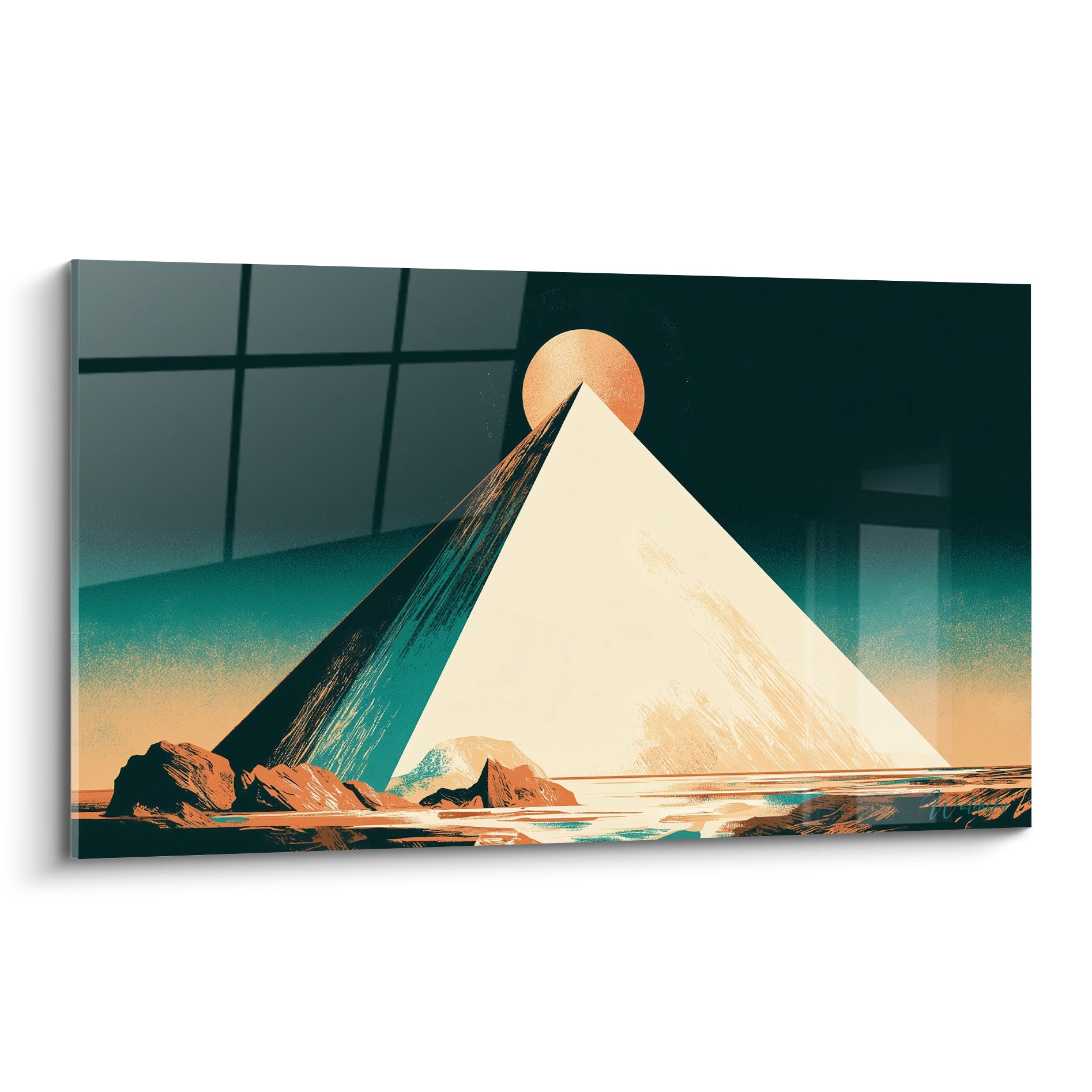 Pyramide ivoire et sarcelle avec soleil cuivré au sommet, composition graphique et rochers terracotta