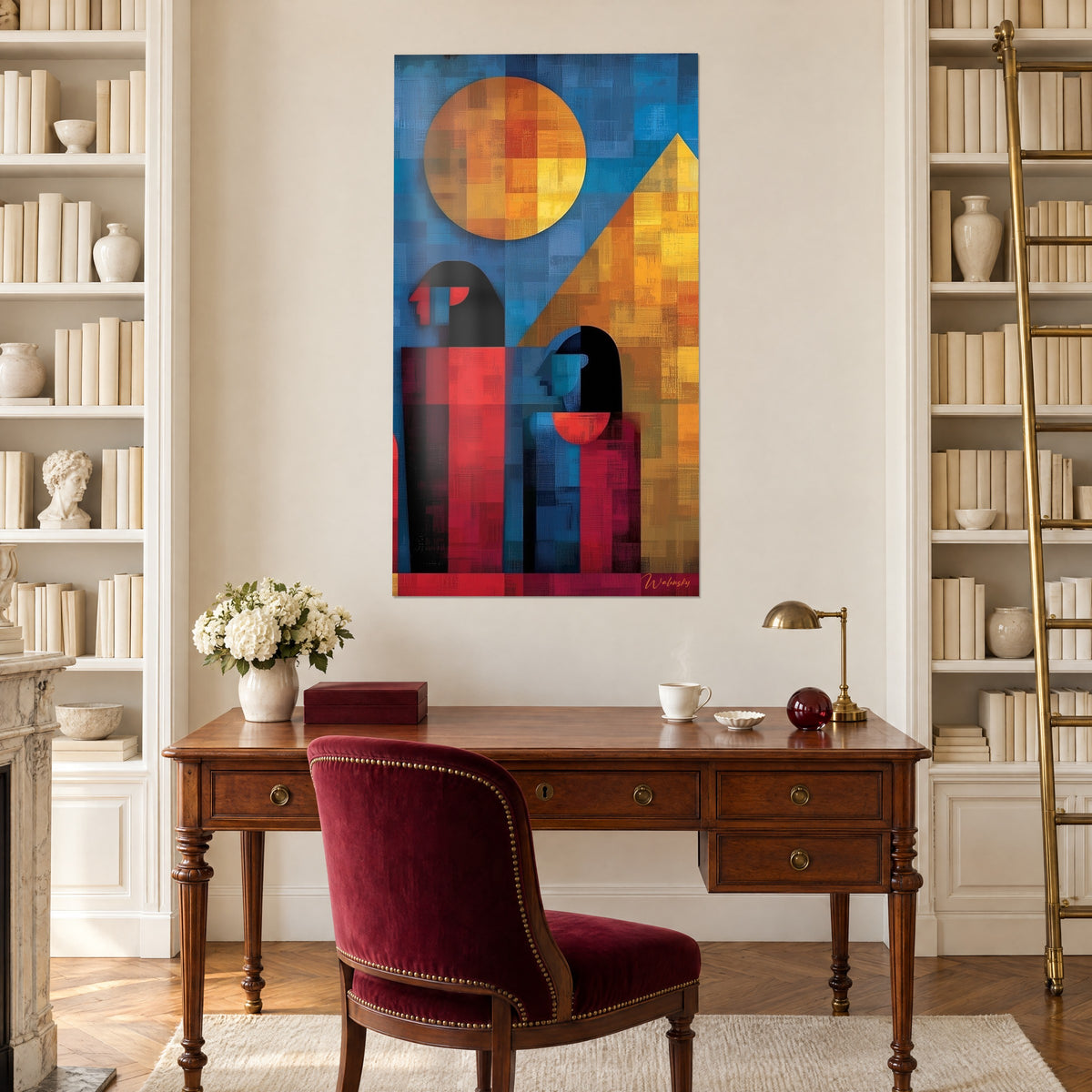 Tableau deux profils noirs aux bustes bleu et rouge, grand disque solaire jaune et pyramide cuivrée, au-dessus d'un bureau en bois