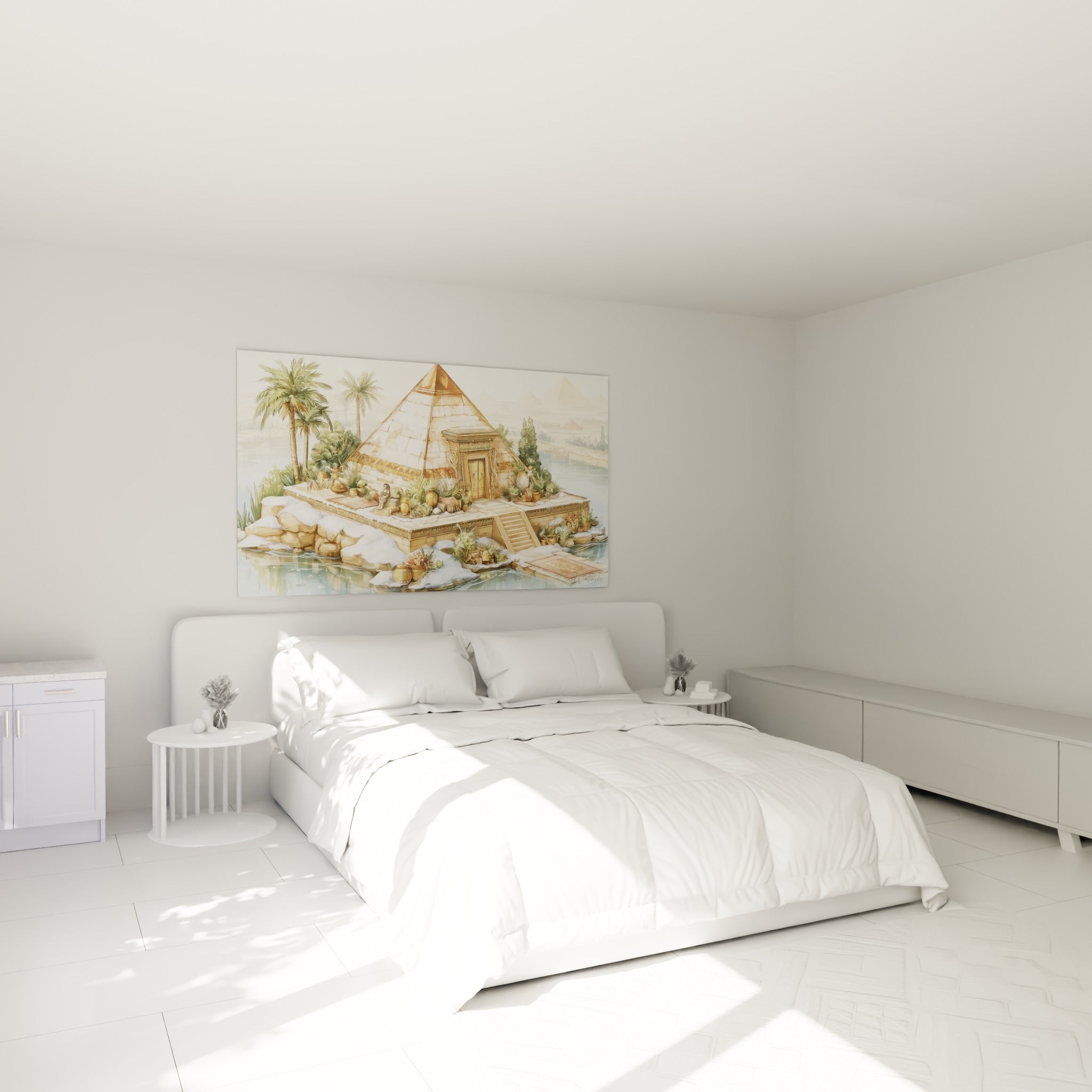 Édifice doré et ocre bordé d'eau calme, accroché au-dessus d'un lit dans une chambre claire