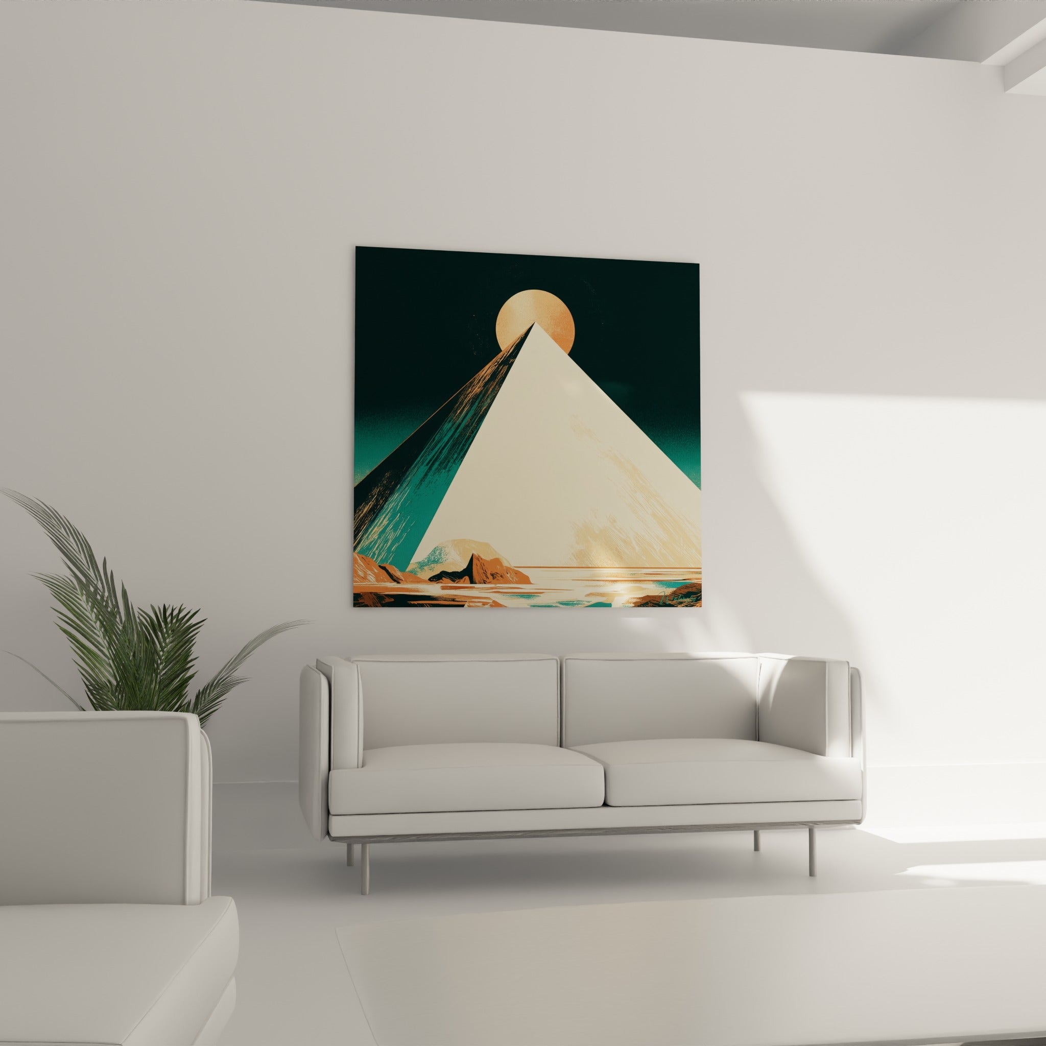 Monument égyptien crème et ocre affiché au-dessus d'un canapé dans un salon lumineux