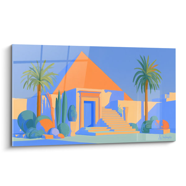 Tableau Pyramide orange et bleu avec palmiers - Sérénité du désert - Edition egypte