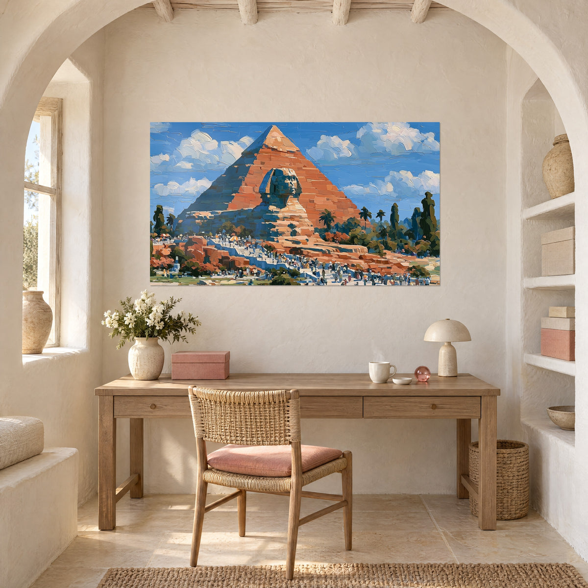 Tableau pèlerinage antique en Égypte, pyramide terracotta et bleu cobalt, accroché au-dessus d'un bureau en bois clair