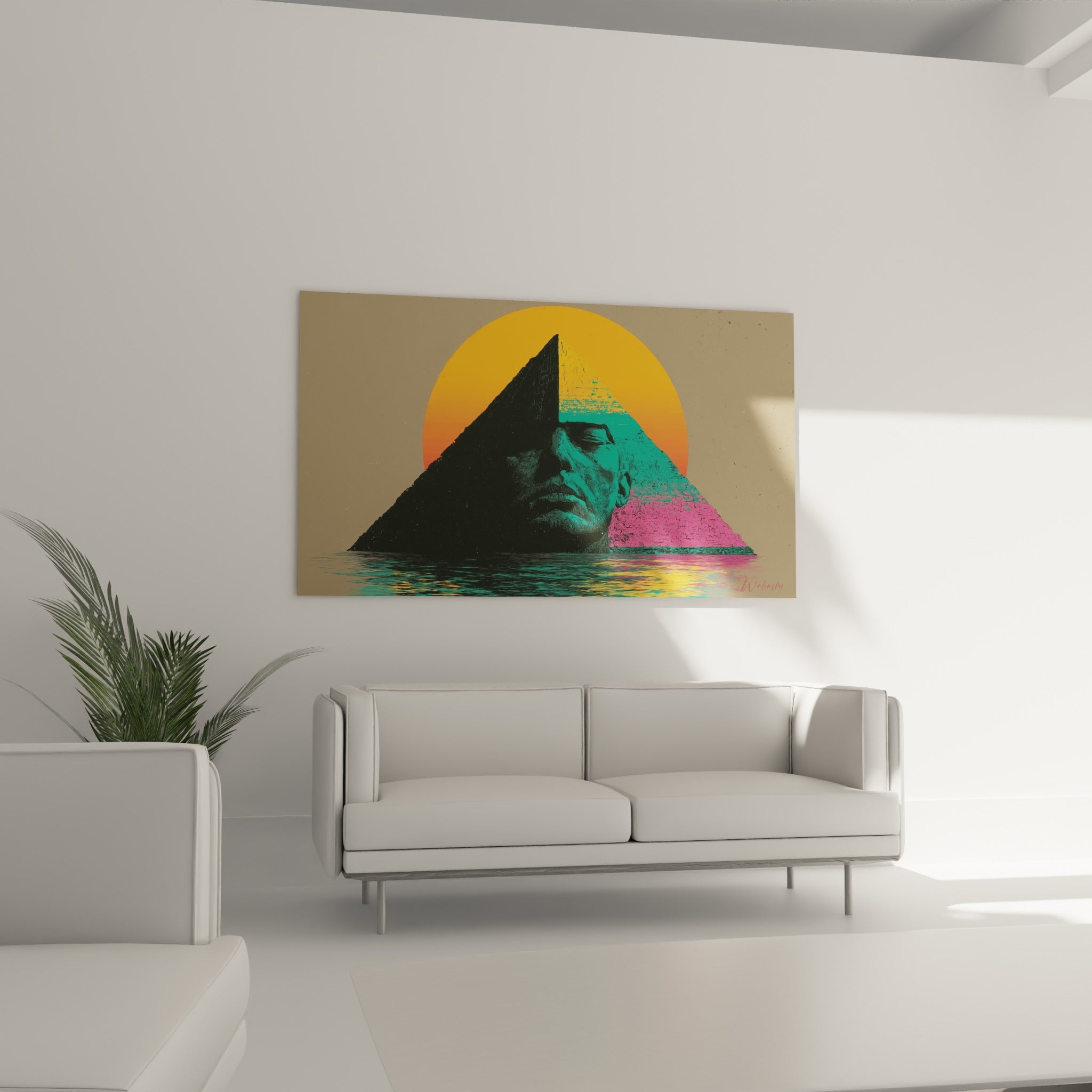 Silhouette pharaonique orangée et turquoise disposée au-dessus d'un canapé dans un salon lumineux