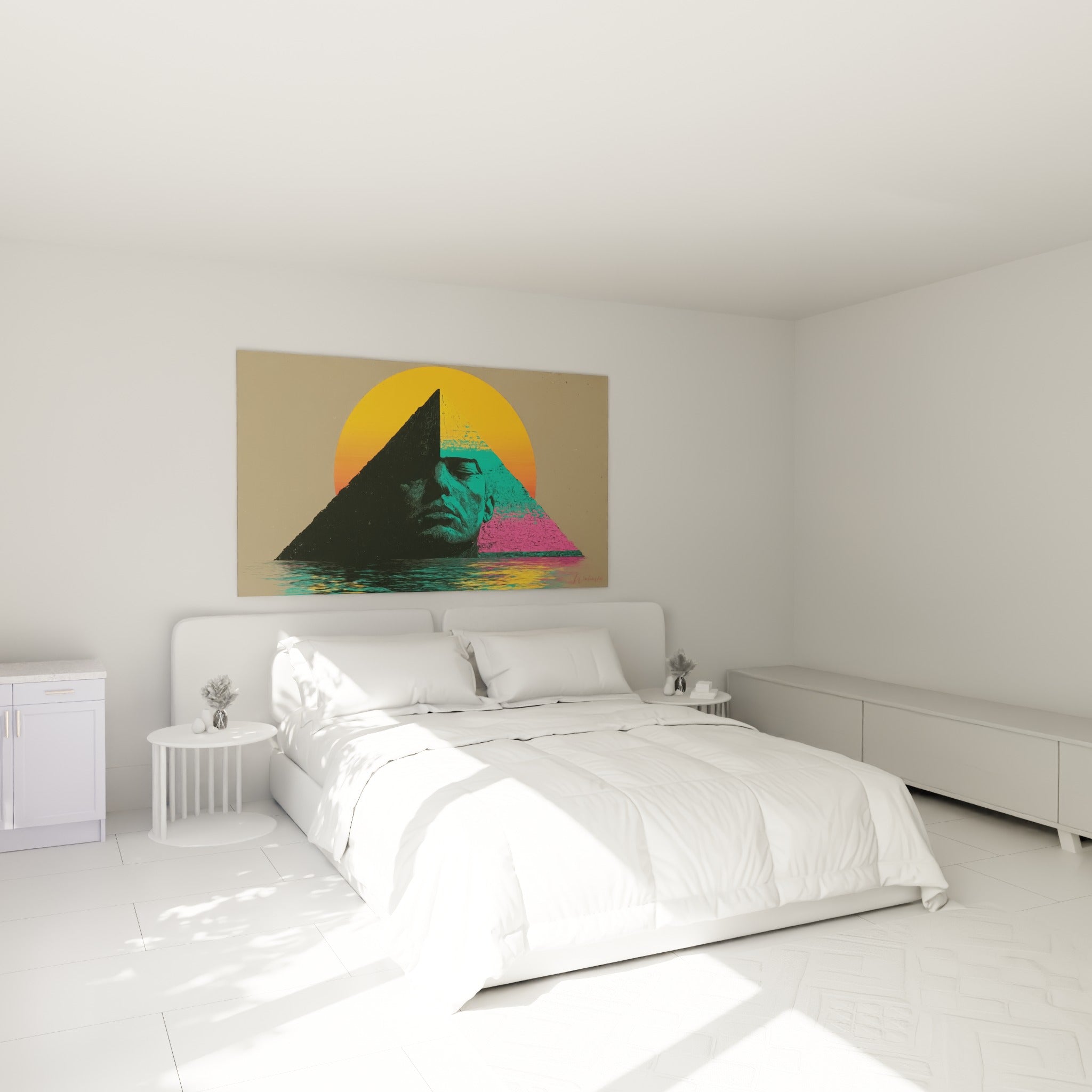 Pyramide égyptienne aux teintes rose et anthracite accrochée au-dessus d'un lit dans une chambre claire
