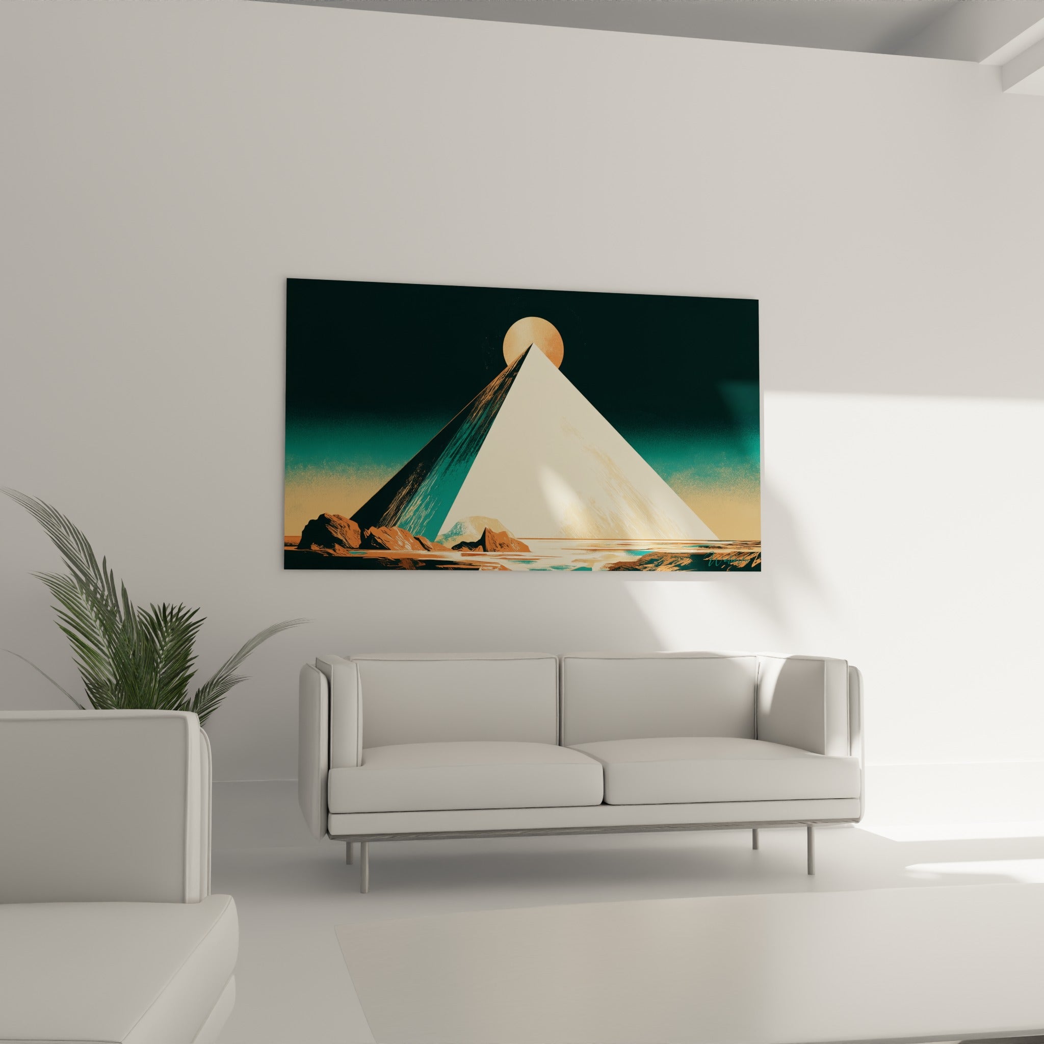 Structure pyramidale sable et vert sarcelle avec disque solaire cuivré, au-dessus d'un canapé dans un salon lumineux