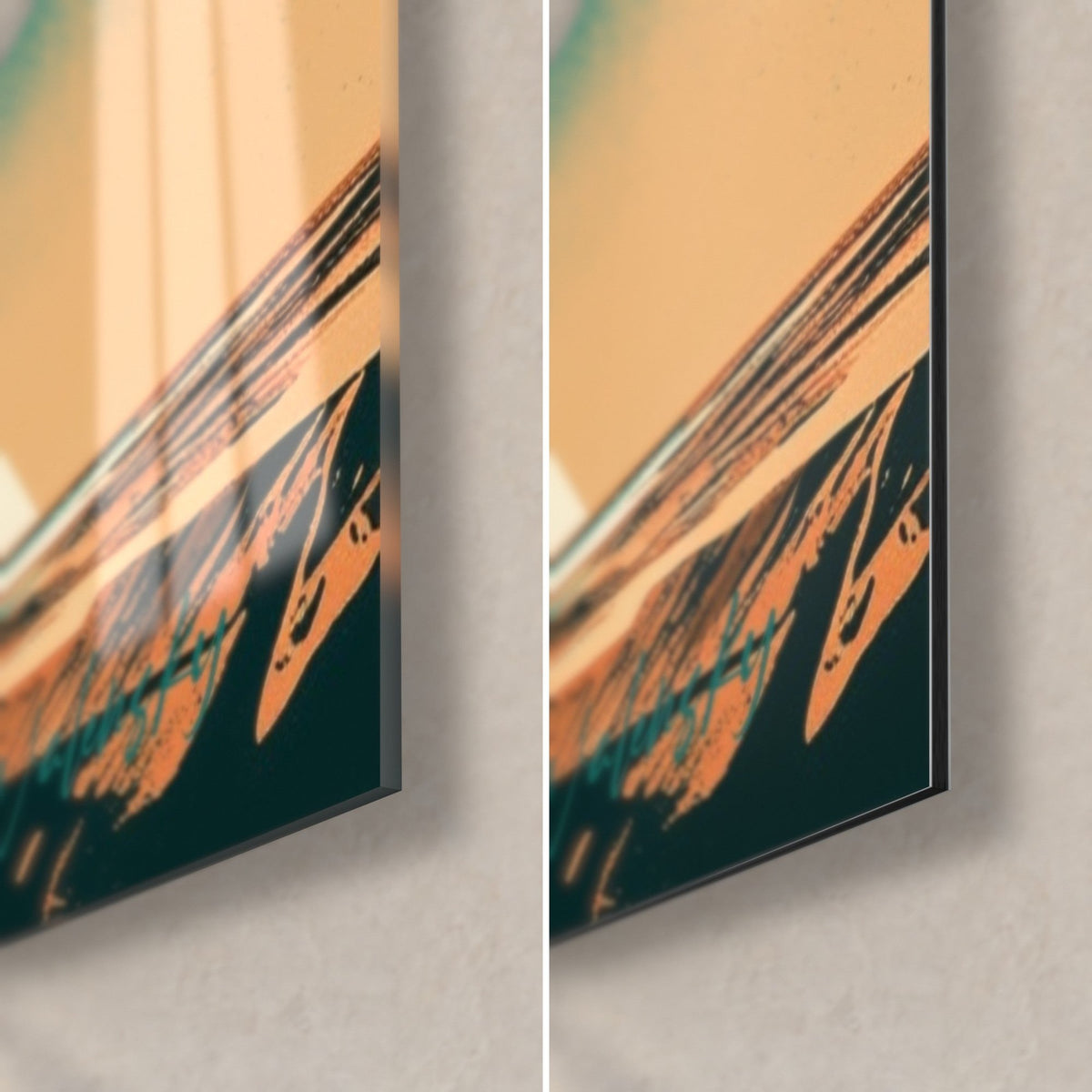 Gemälde Elfenbeinfarbene und türkise Pyramide in Flächen, untere rechte Ecke: glänzendes Acrylglas links, matte Dibond-Aluminium rechts