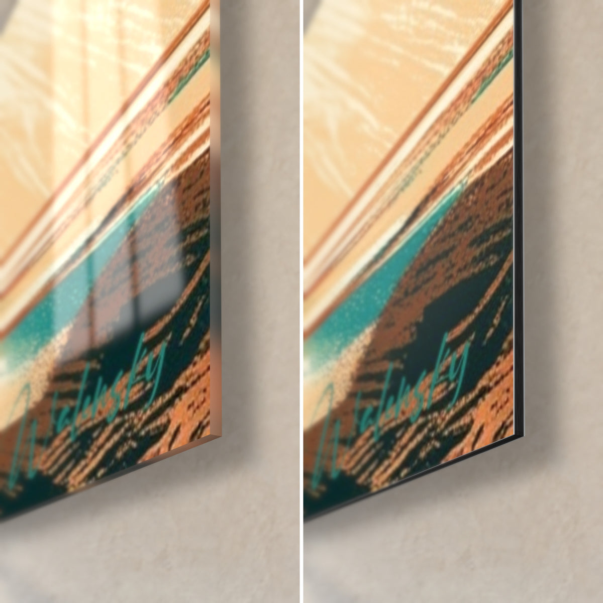 Gemälde Cremefarbene und smaragdgrüne Pyramide, untere rechte Ecke: glänzendes Acrylglas links, mattschwarzes Dibond-Aluminium rechts, feine Kante