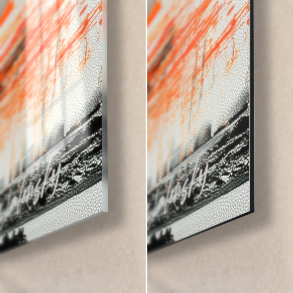 Gemälde einer schwarzen und orangefarbenen Pyramide, untere rechte Ecke: glänzendes Acrylglas links, mattschwarzes Dibond rechts, 3 mm Kante