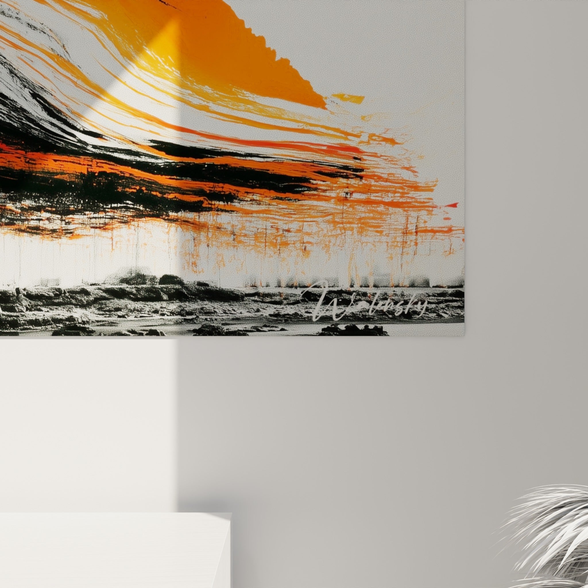 Empâtements noirs et coulures orange fauve visibles en gros plan sur la toile pyramide égyptienne