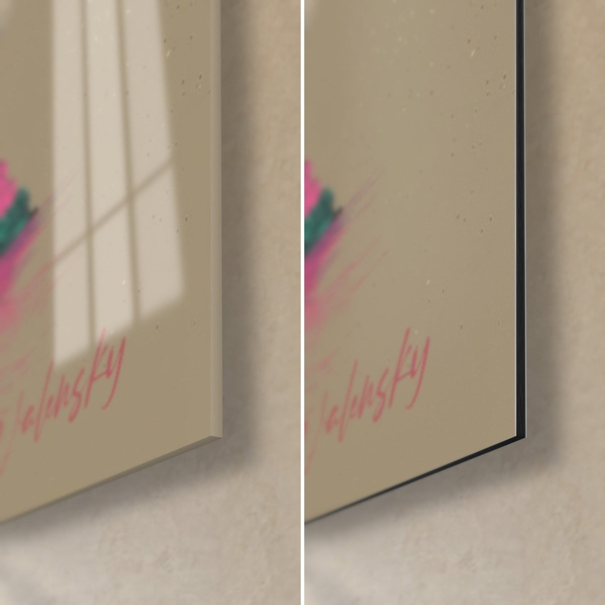 Schilderij piramide met roze en turquoise gloed, rechteronderhoek: glanzend acrylglas links, mat Dibond-aluminium rechts