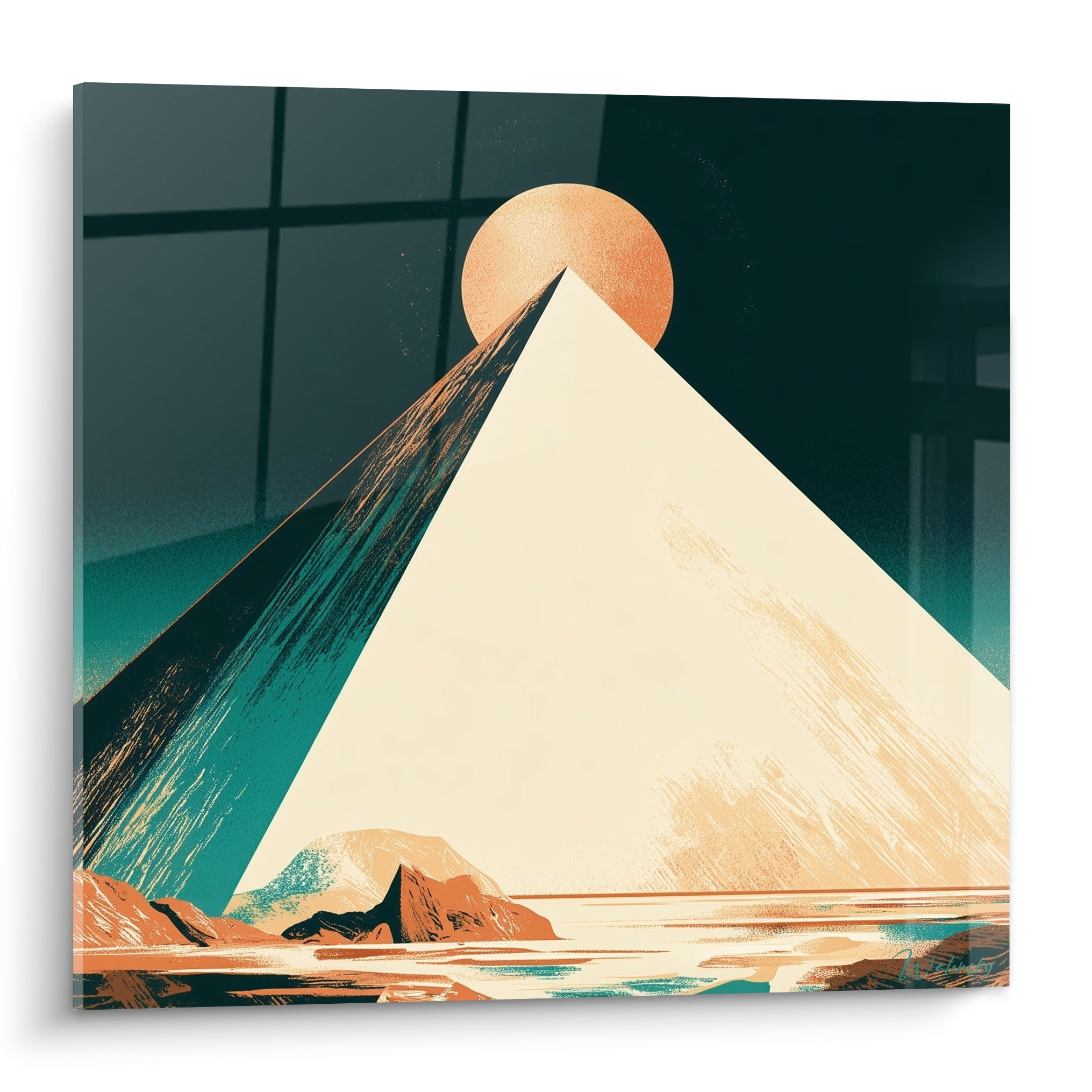 Pyramide crème et vert émeraude sous un soleil ocre, style graphique et texturé égyptien