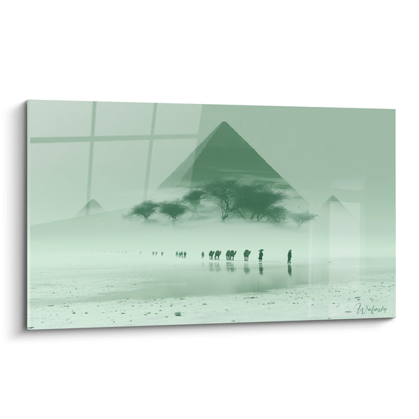 Tableau Pyramide vert pâle et silhouettes d'acacias brumeux - Reflets sur le rivage - Edition egypte