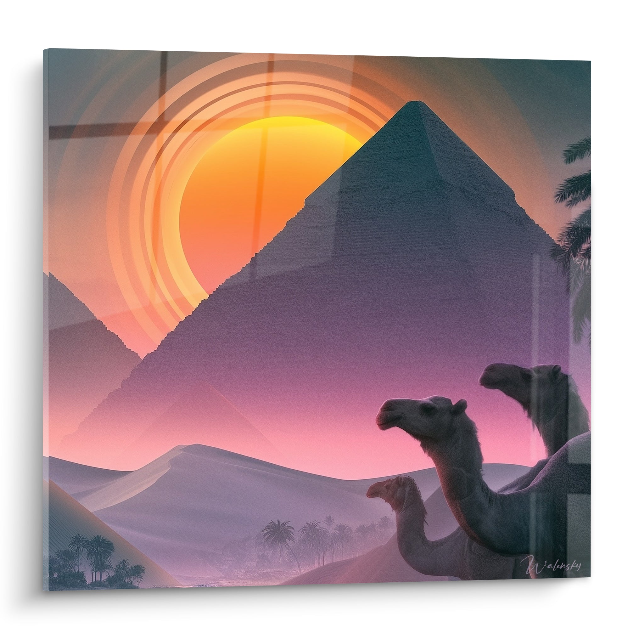 Pyramide violette et soleil orangé dominent ce tableau désert avec dromadaires en silhouette