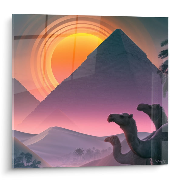 Tableau Pyramide violette et soleil orangé sur dromadaires - Crépuscule du désert - Edition egypte