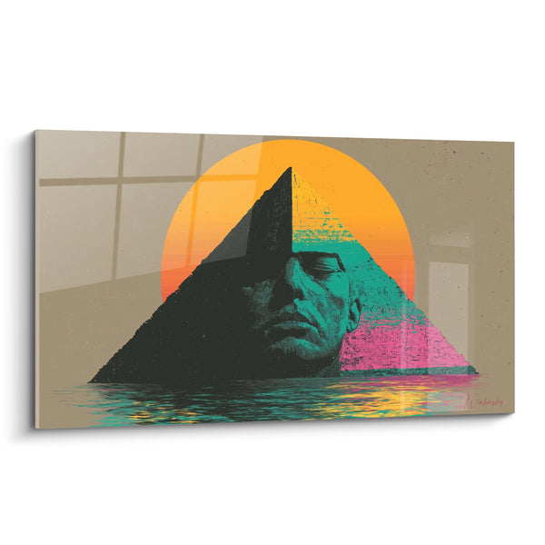 Tableau Pyramide fusionnée visage turquoise et rose émergeant de l'eau - Disque solaire orangé - Edition egypte