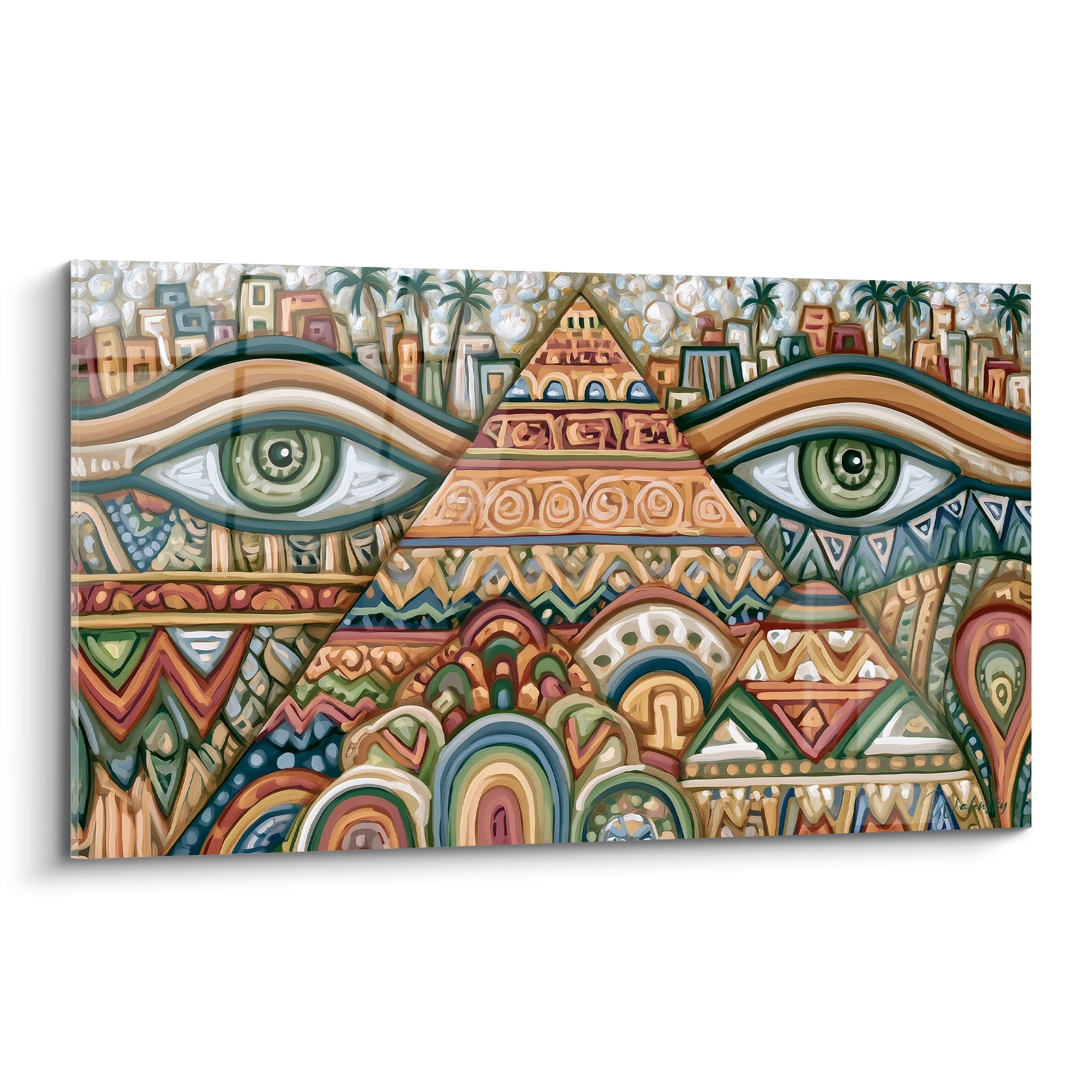 Pyramide ocre encadrée de deux yeux verts stylisés, motifs géométriques terracotta et bleu pastel