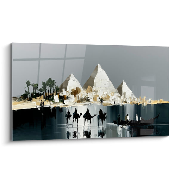 Tableau Pyramides blanches et noires au bord du Nil - Barque de pêcheurs - Edition egypte