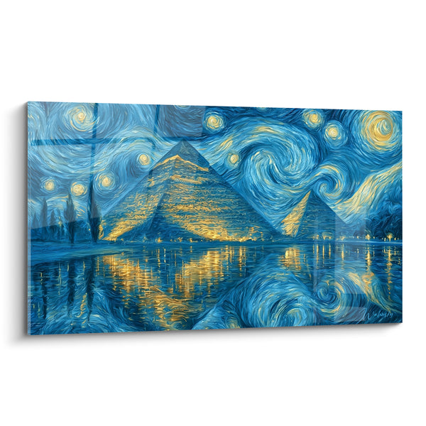 Tableau Pyramides bleues et dorées sous ciel tourbillonnant - Nuit tourbillonnante - Edition egypte