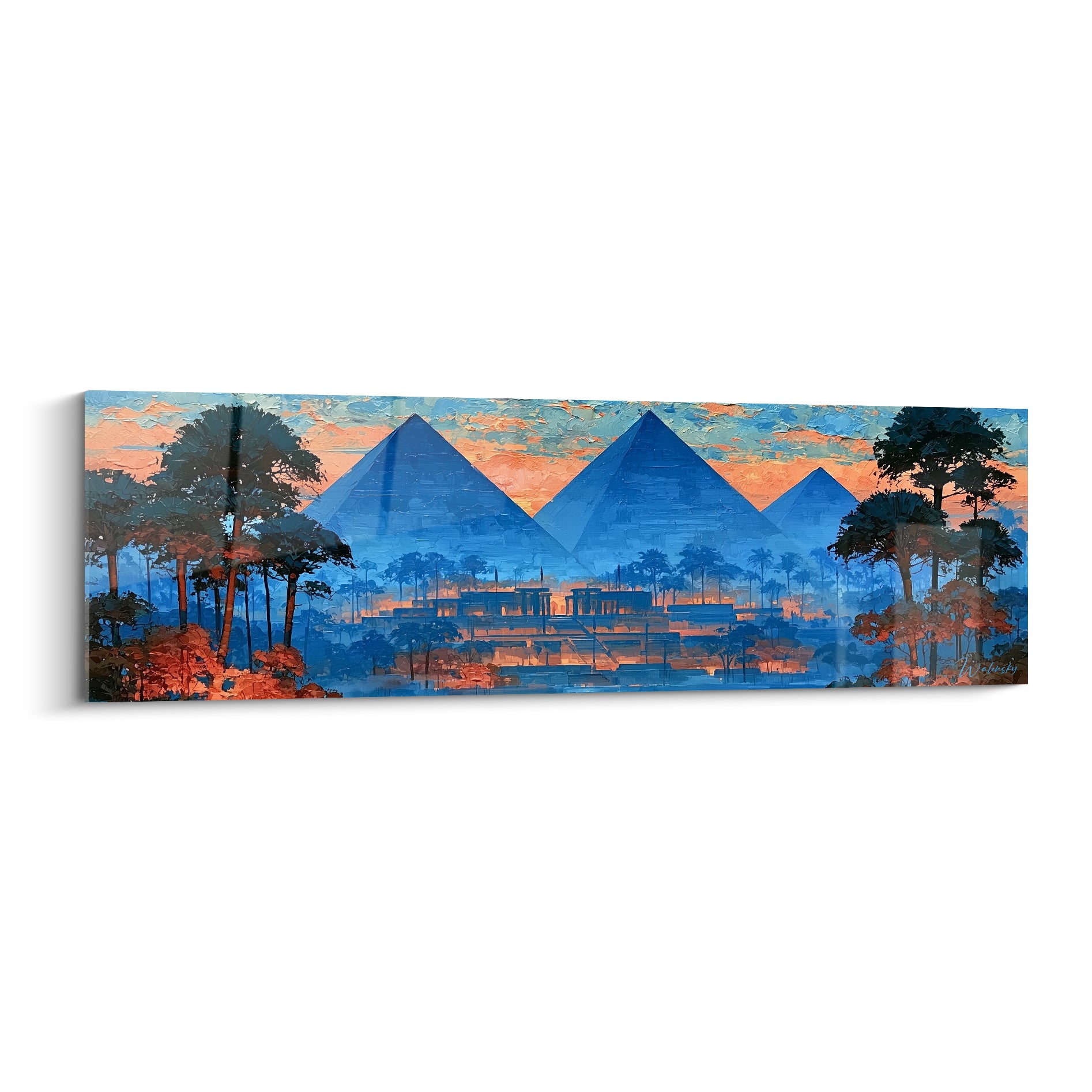 Pyramides bleu marine et ciel orangé se détachent sur toile egypte, entourées de palmiers sombres