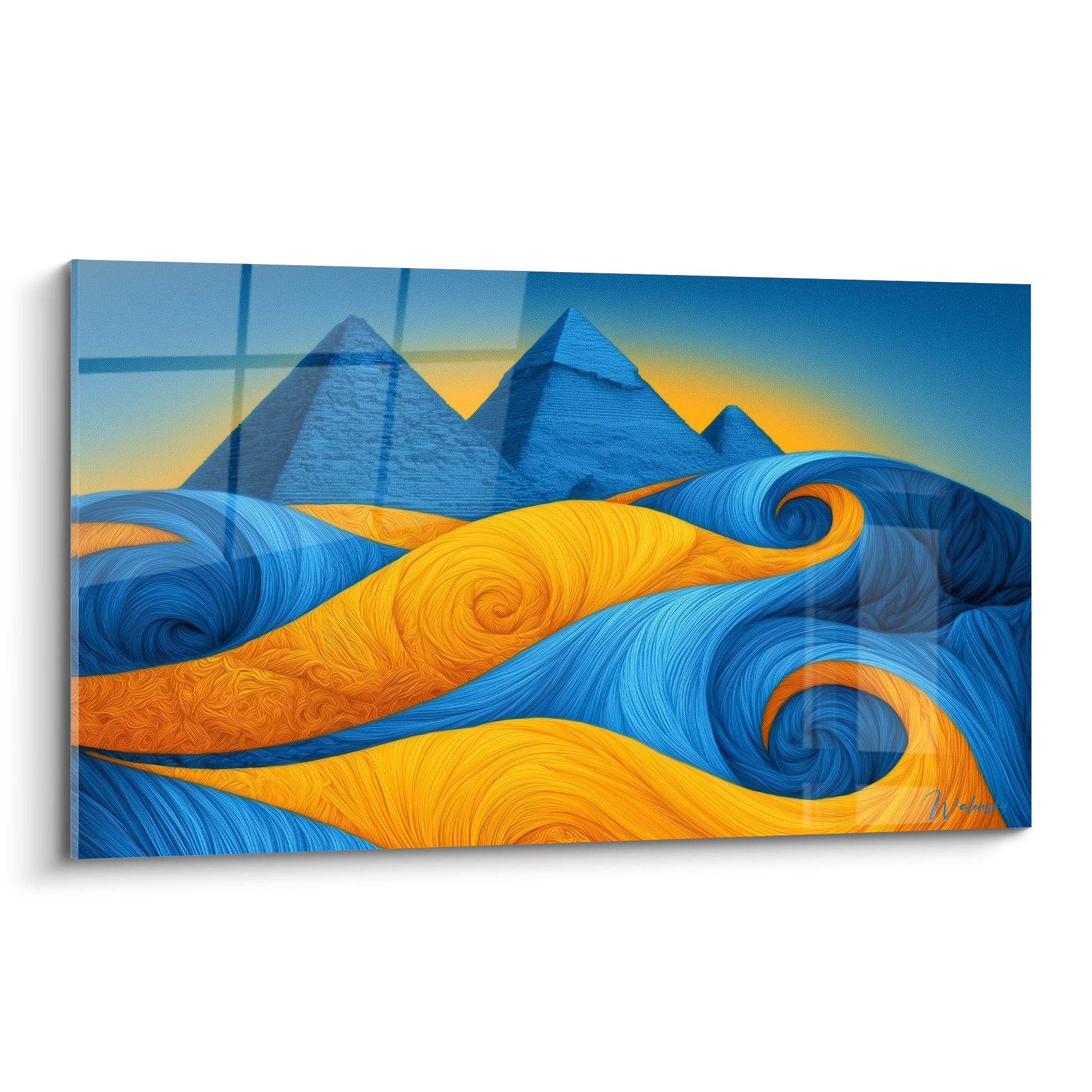 Pyramides égyptiennes bleu marine sur dunes dorées tourbillonnantes, style graphique intense