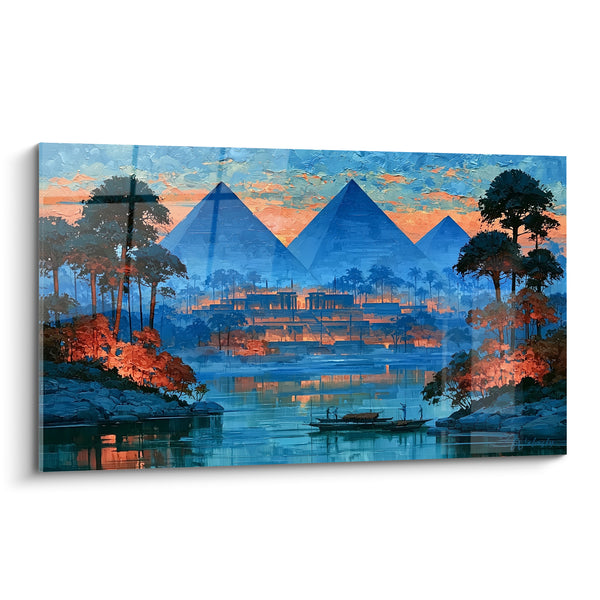 Tableau Pyramides bleues et rives orangées du Nil - Crépuscule sur le fleuve - Edition egypte
