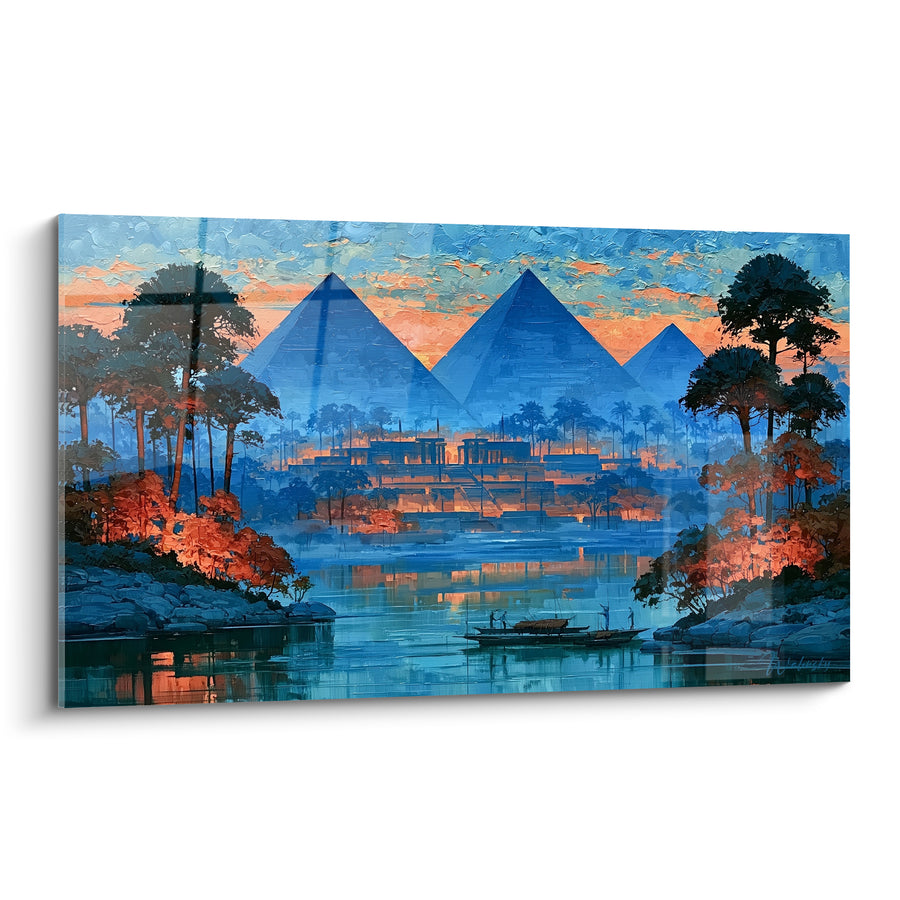 Tableau Pyramides bleues et rives orangées du Nil - Crépuscule sur le fleuve - Edition egypte