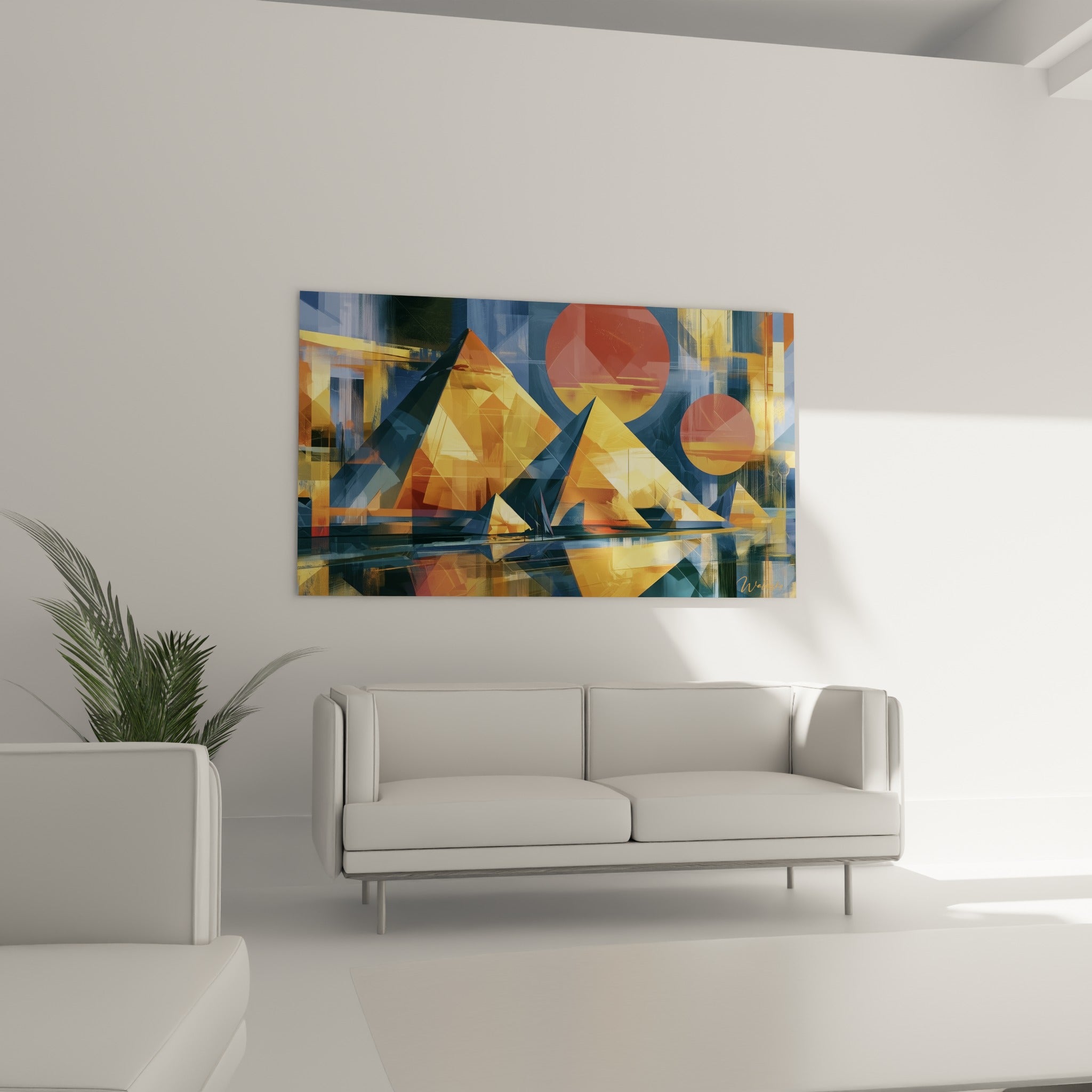 Silhouettes de pyramides dorées sur fond bleu anthracite au-dessus d'un canapé dans un salon lumineux